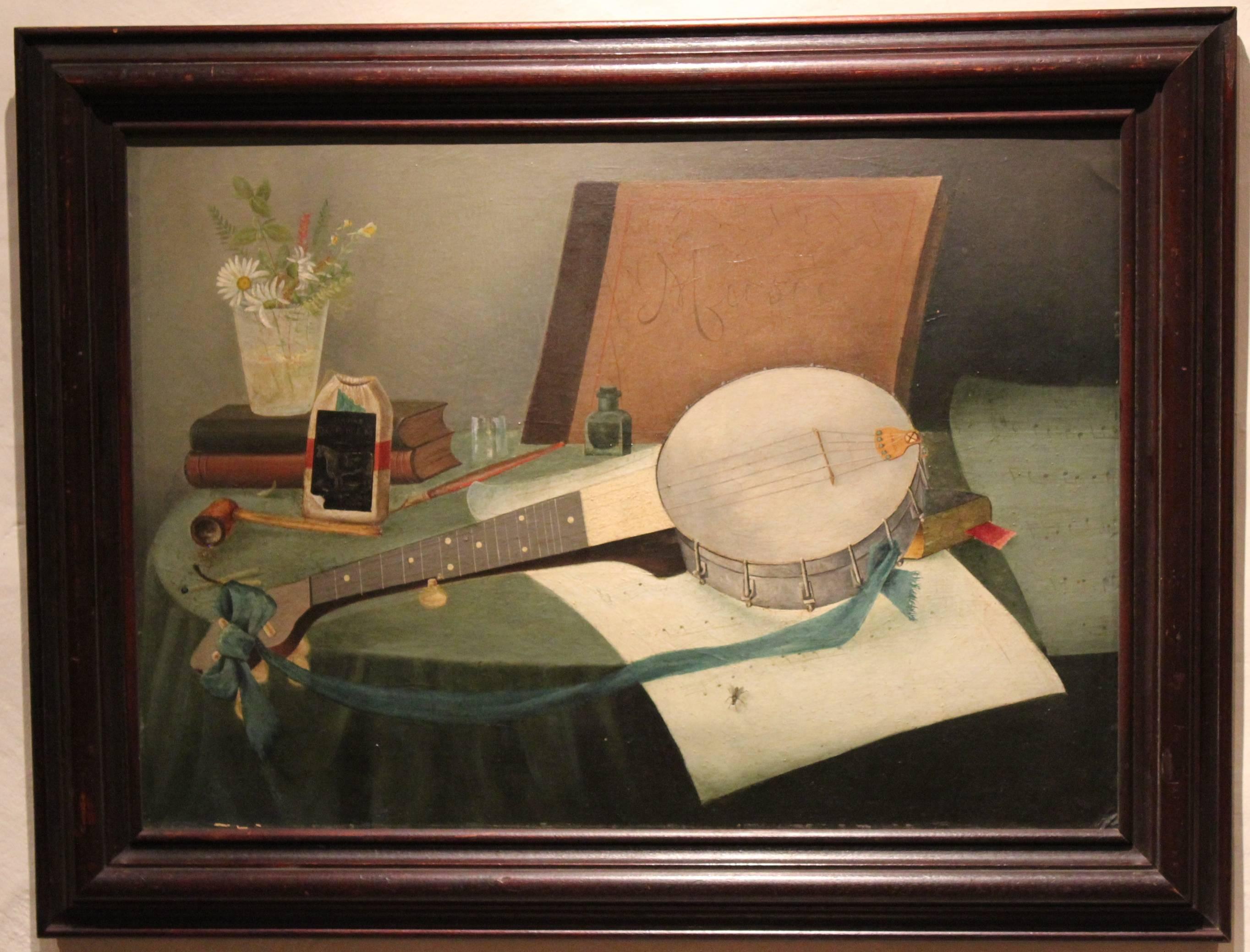 Still Life with Banjo
Artist unknown
American, last quarter of the 19th century
Oil on artist’s board, 18 ¾” x 25 ¾”; in a period walnut frame

A charming vignette that includes a music book, vase of flowers, a pouch of chewing tobacco, pipe,