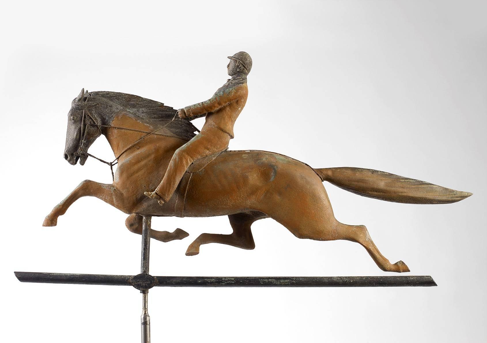 Dexter and jockey weathervane
Cushing & white, Waltham, Massachusetts, circa 1870
Retaining the original label “Cushing & White, Waltham, Mass./ Patent Applied For”
Molded copper, wire, and cast zinc with an old, weathered painted surface and