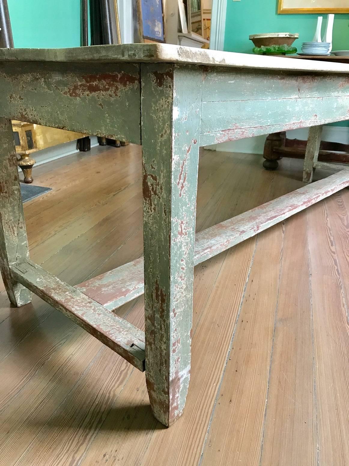 Rustic Long Painted Farm Table with Walnut Plank Top, French, 19th Century