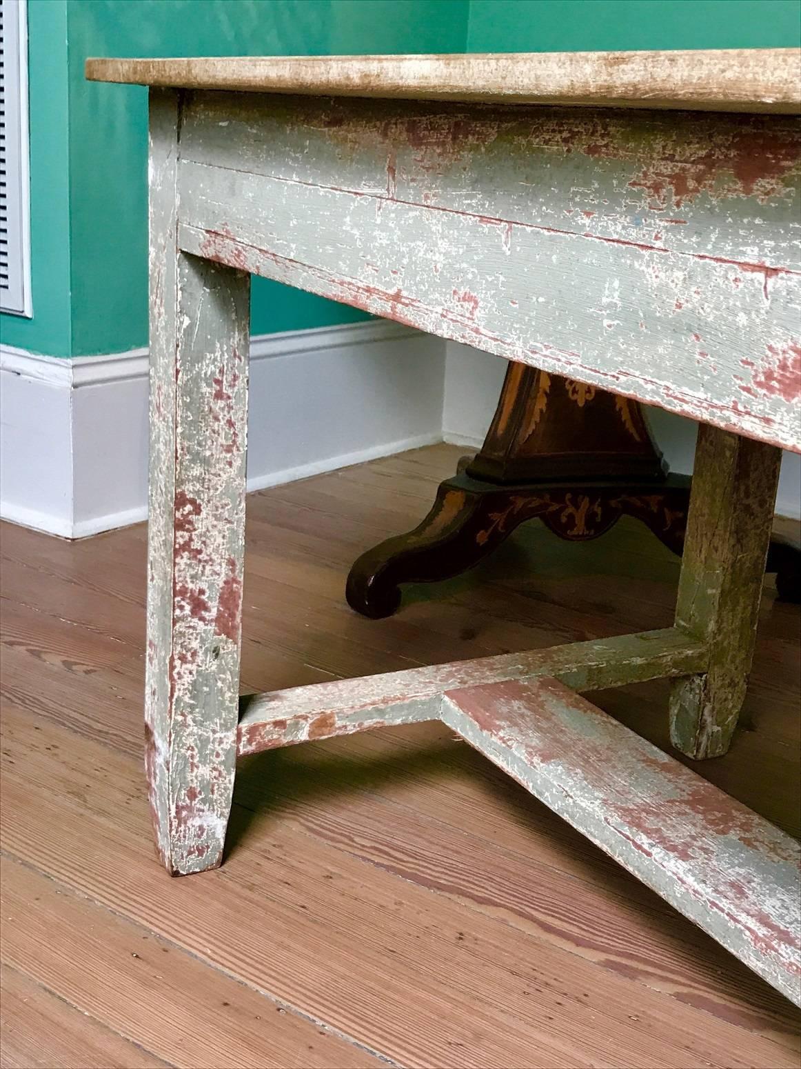Long Painted Farm Table with Walnut Plank Top, French, 19th Century In Distressed Condition In New Orleans, LA