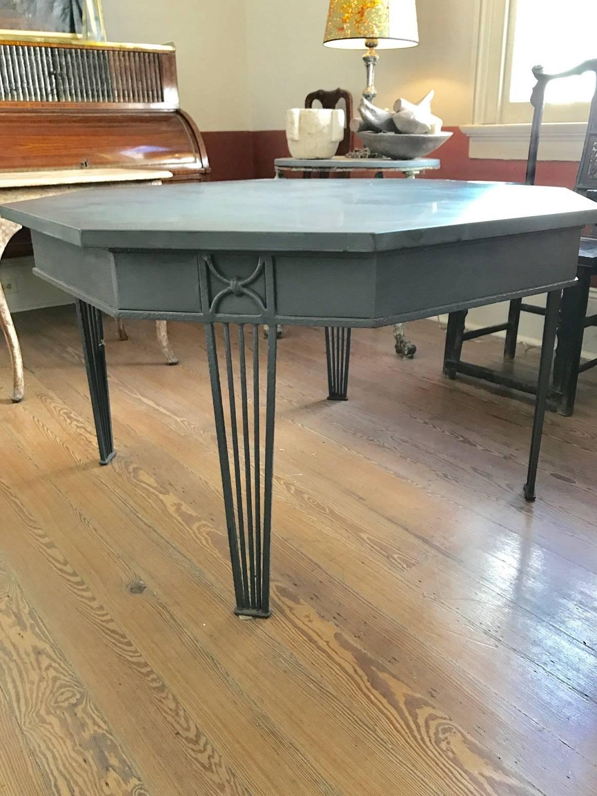Painted Large Octagonal Iron Dining Table, Center Table or Garden Table with Slate Top For Sale