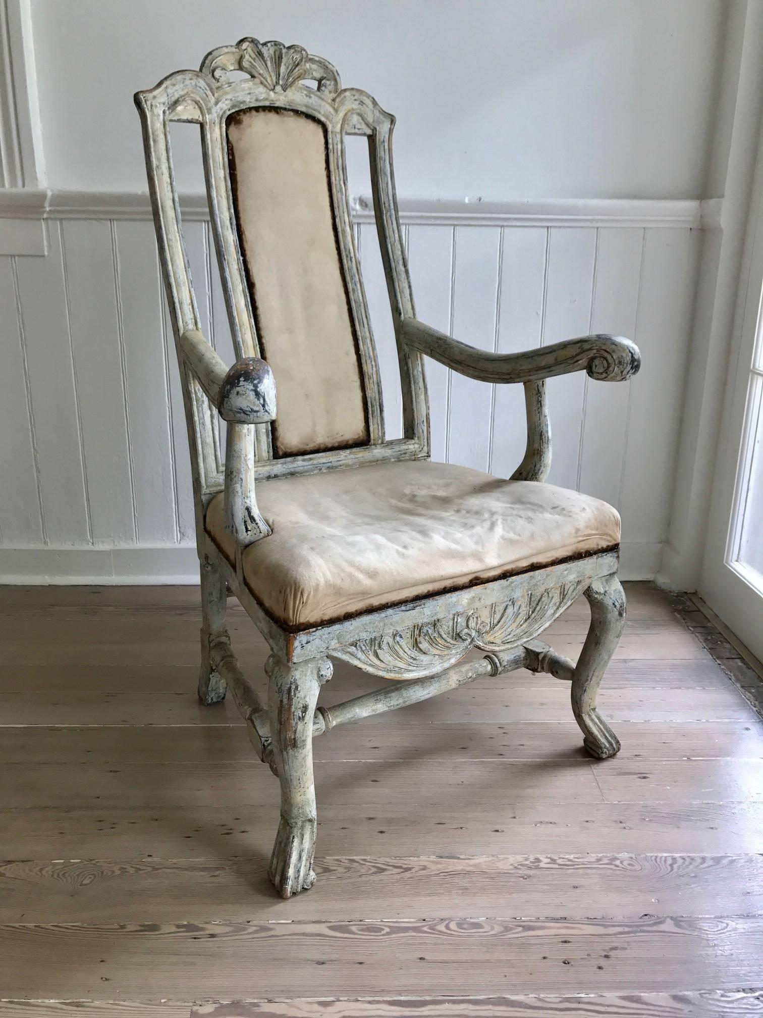 Painted Swedish Baroque Armchair in Original Paint For Sale