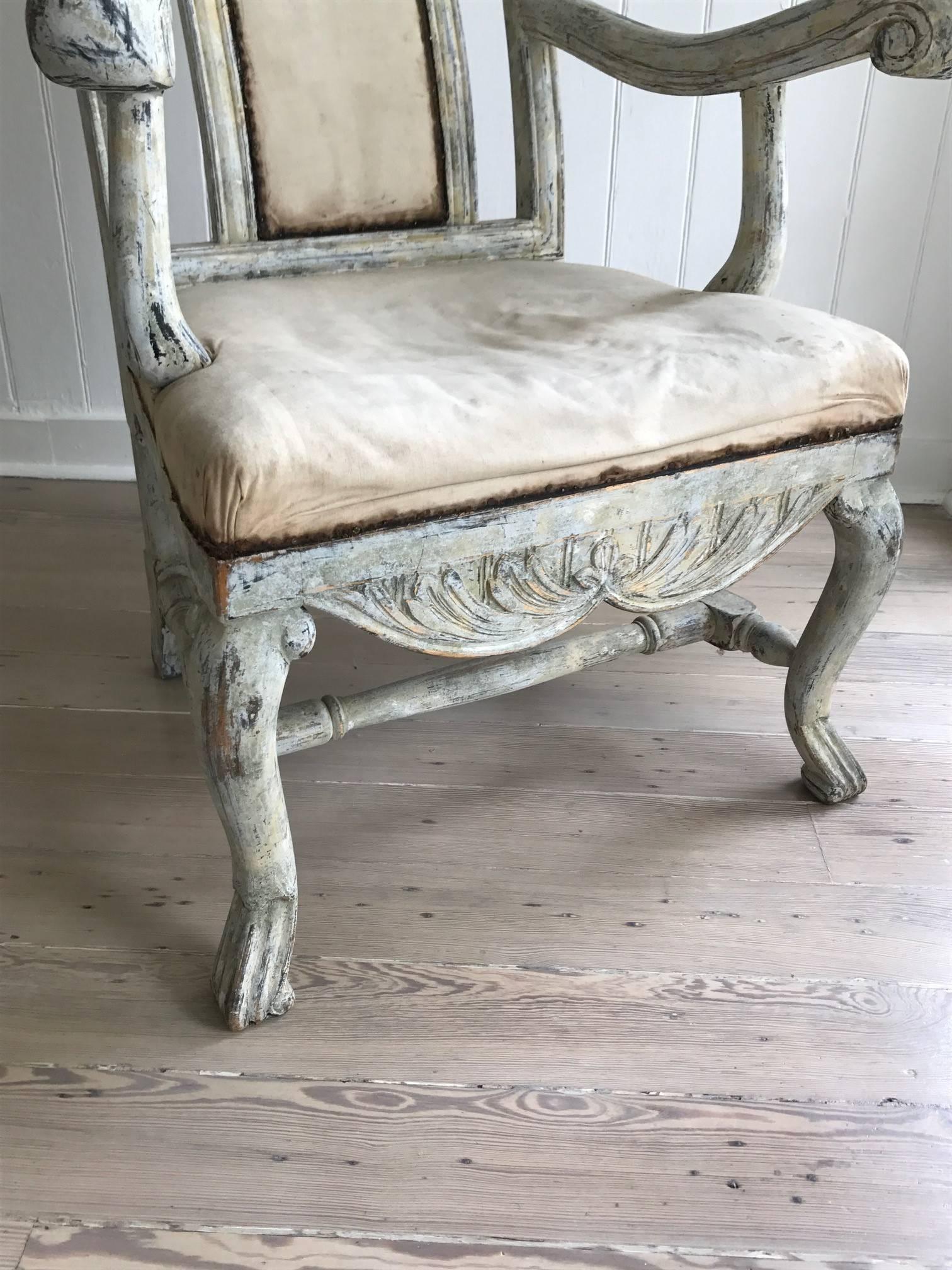 Upholstery Swedish Baroque Armchair in Original Paint For Sale