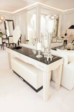 Lalique Maison Ivory Silk and Natural Ebony Ottoman with Crystal Panel Accents