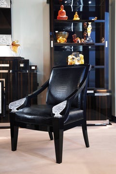 Lalique Maison Black Lacquered Library with Raisins Crystal Panel Accents