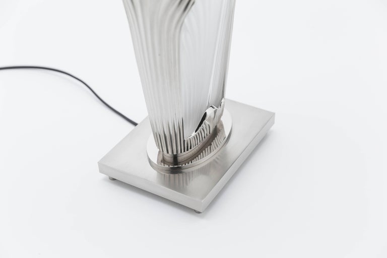 Art Deco Ginkgo-Inspired Crystal and Brushed Nickel Table Lamp by Lalique & Delisle For Sale