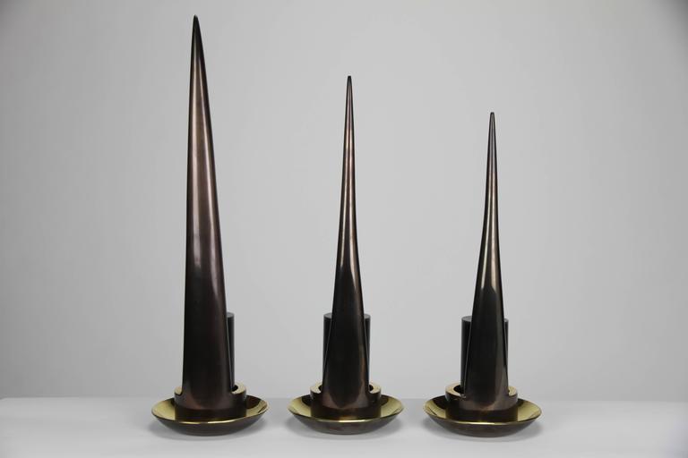 Post-Modern Stiletto Candle Holders in solid brass by Christopher Kreiling For Sale