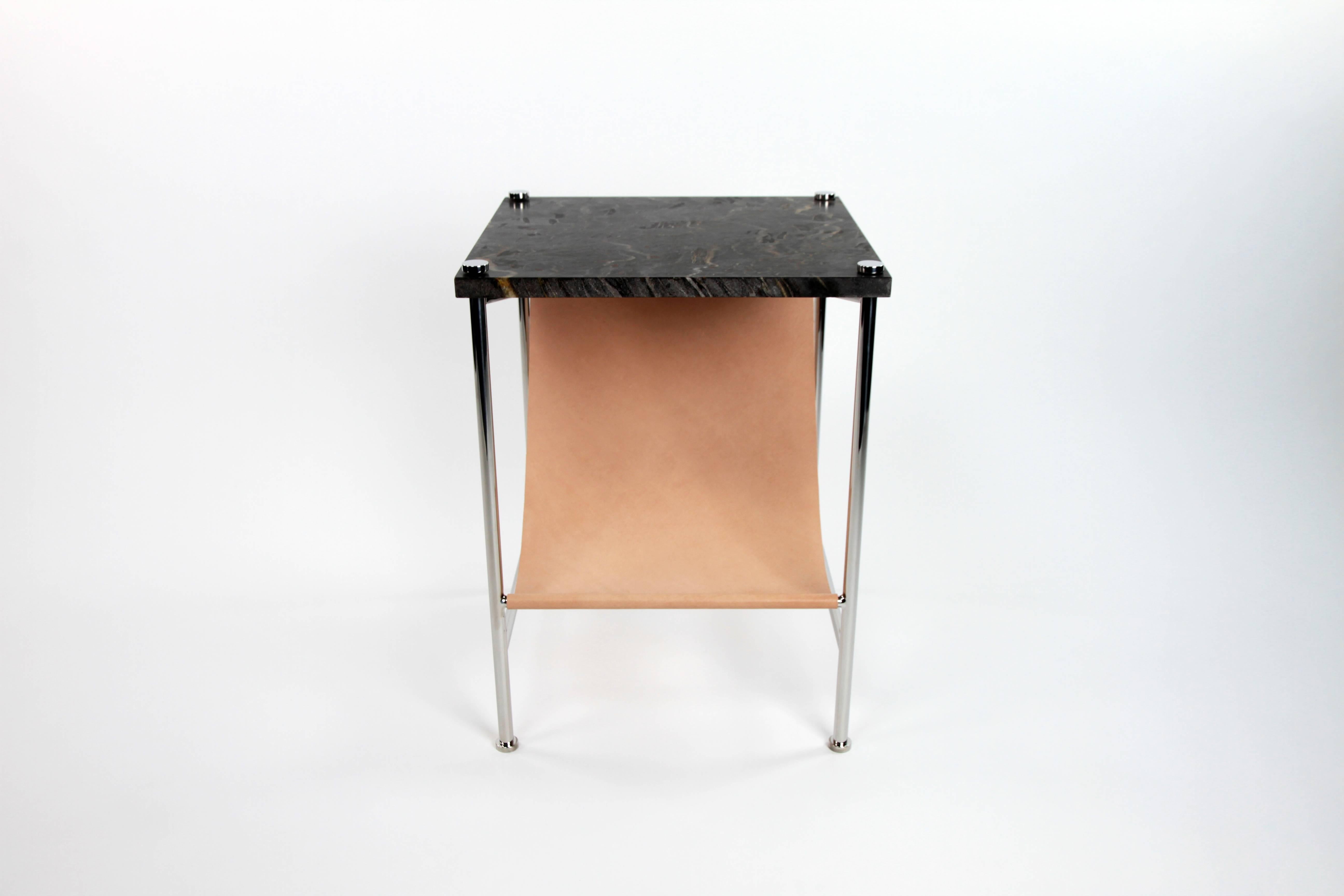 Leather Sling Side Table in Stainless Steel, Black Marble and Natural Leather For Sale 2