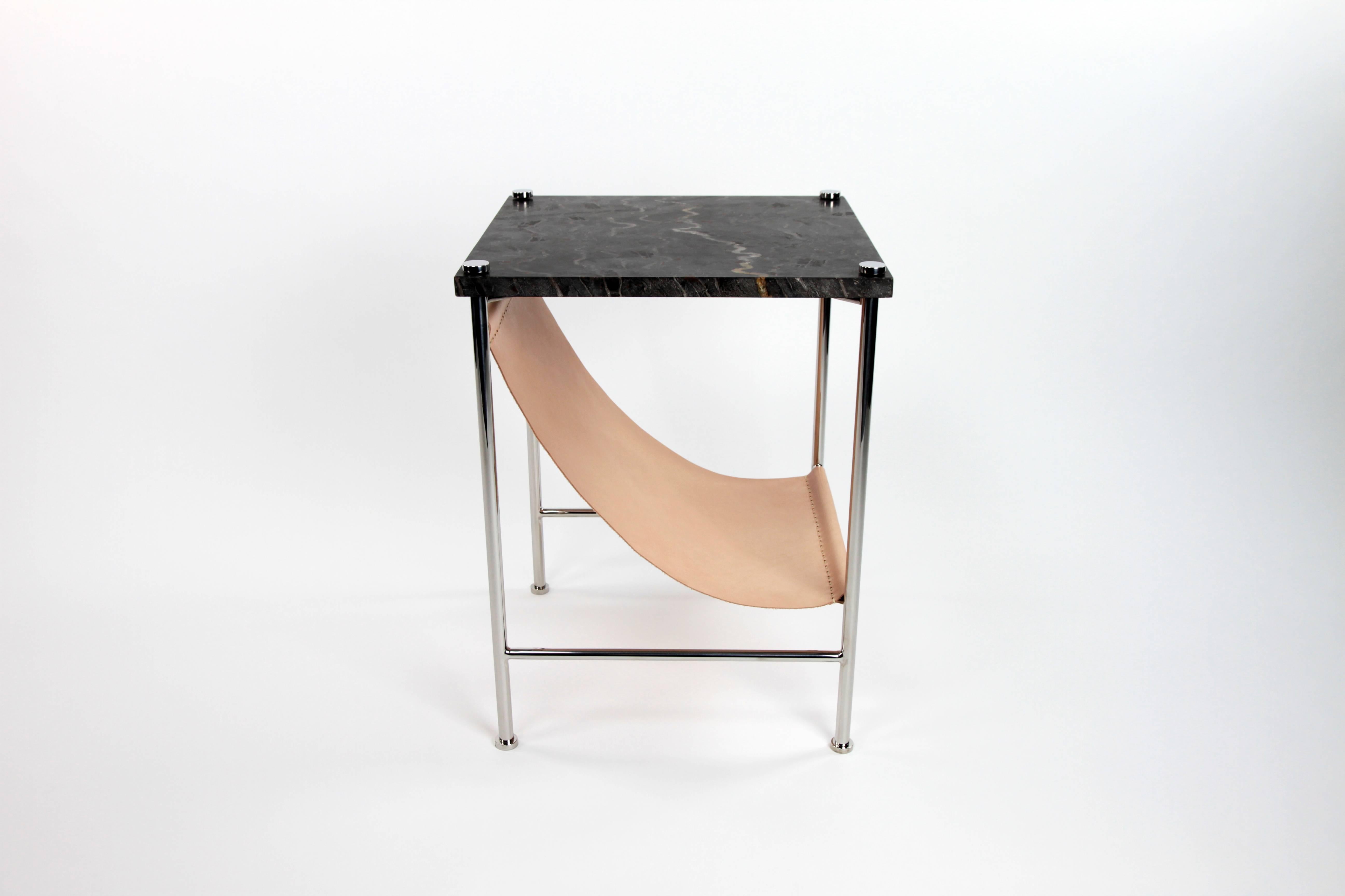 American Leather Sling Side Table in Stainless Steel, Black Marble and Natural Leather For Sale