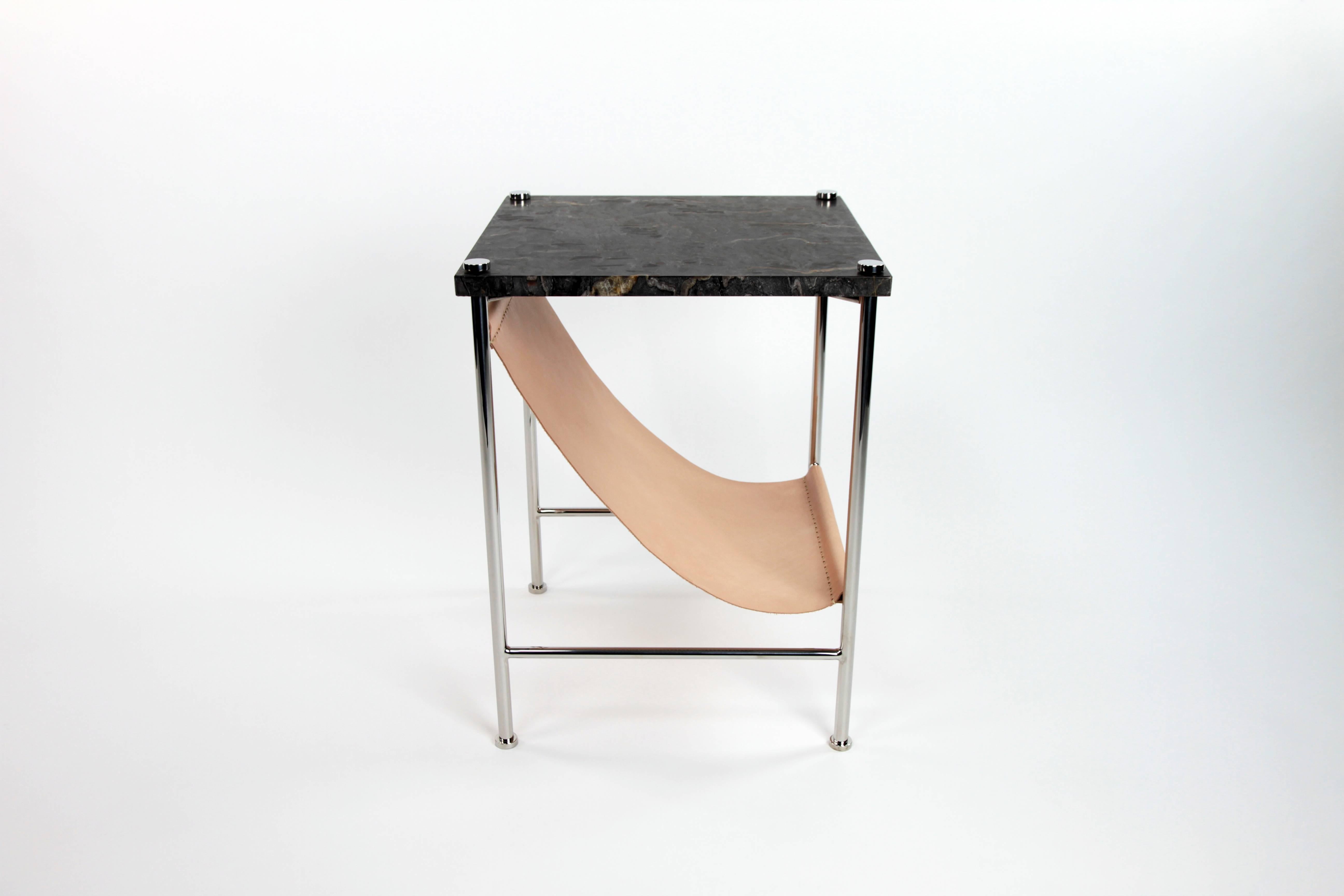 Leather Sling Side Table in Stainless Steel, Black Marble and Natural Leather For Sale 1