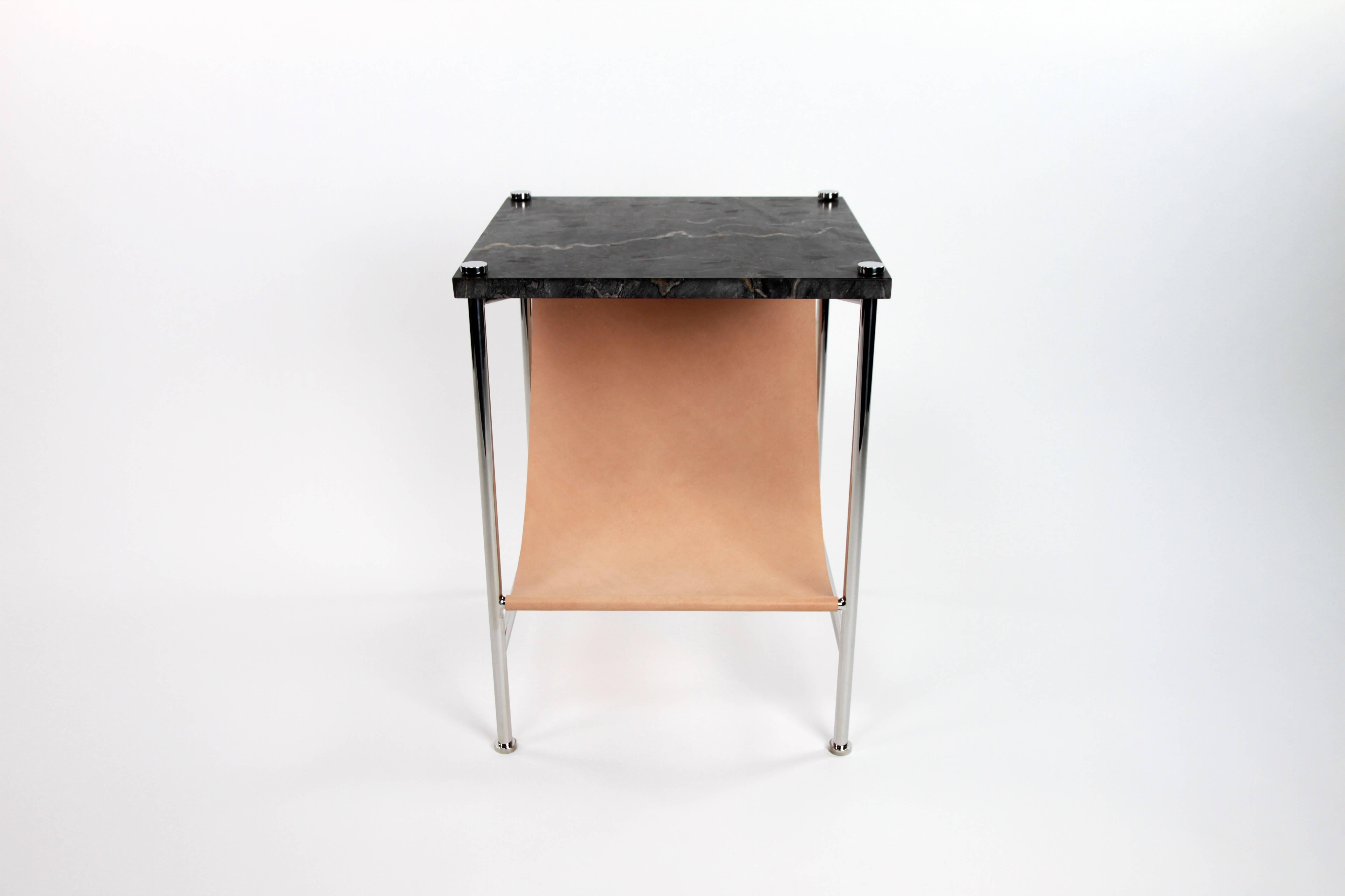 Polished Leather Sling Side Table in Stainless Steel, Black Marble and Natural Leather For Sale