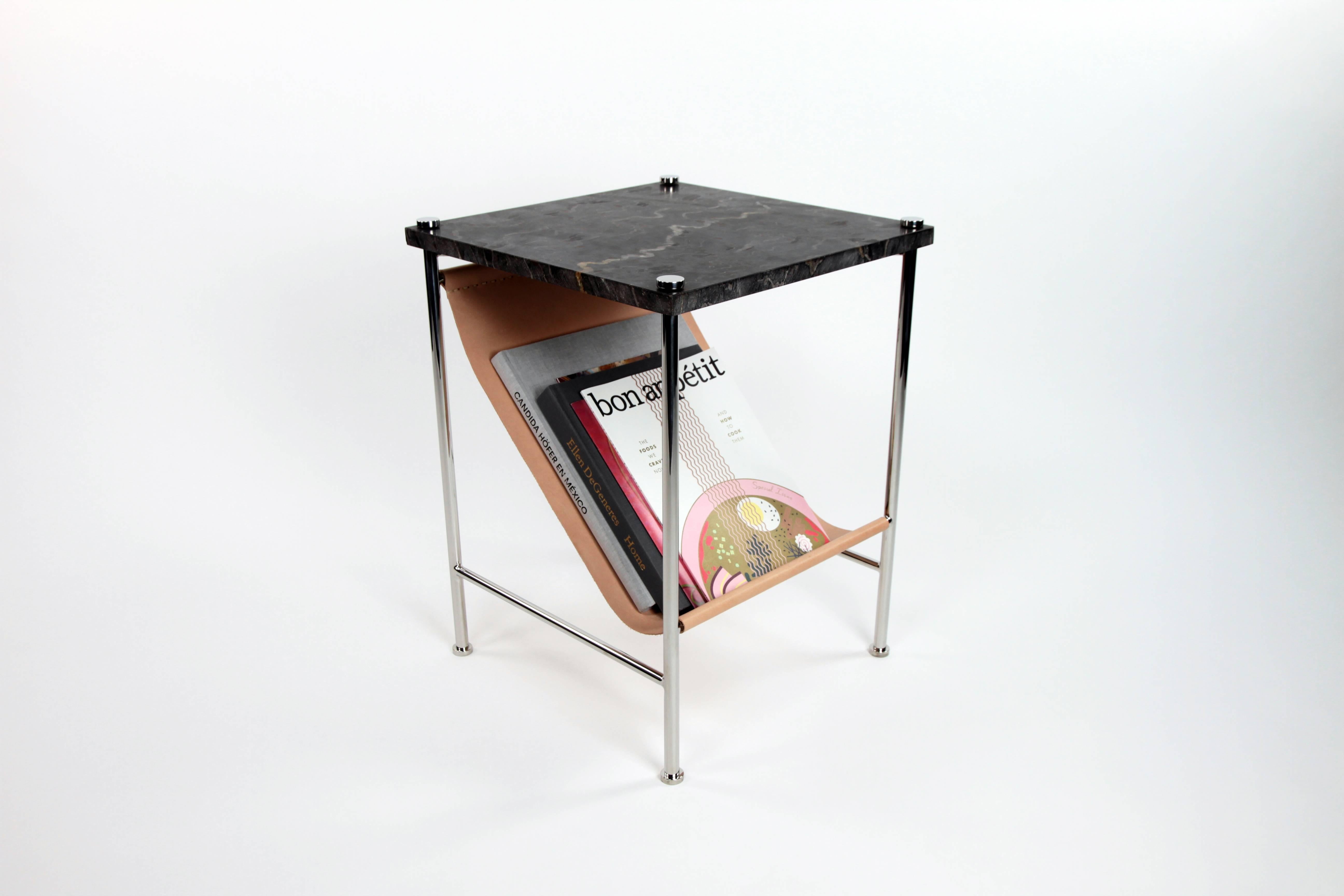 Mid-Century Modern Leather Sling Side Table in Stainless Steel, Black Marble and Natural Leather For Sale