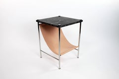 Leather Sling Side Table in Stainless Steel, Black Marble and Natural Leather