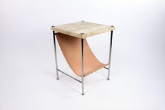 Leather Sling Side Table in Stainless Steel, Travertine and Natural Leather