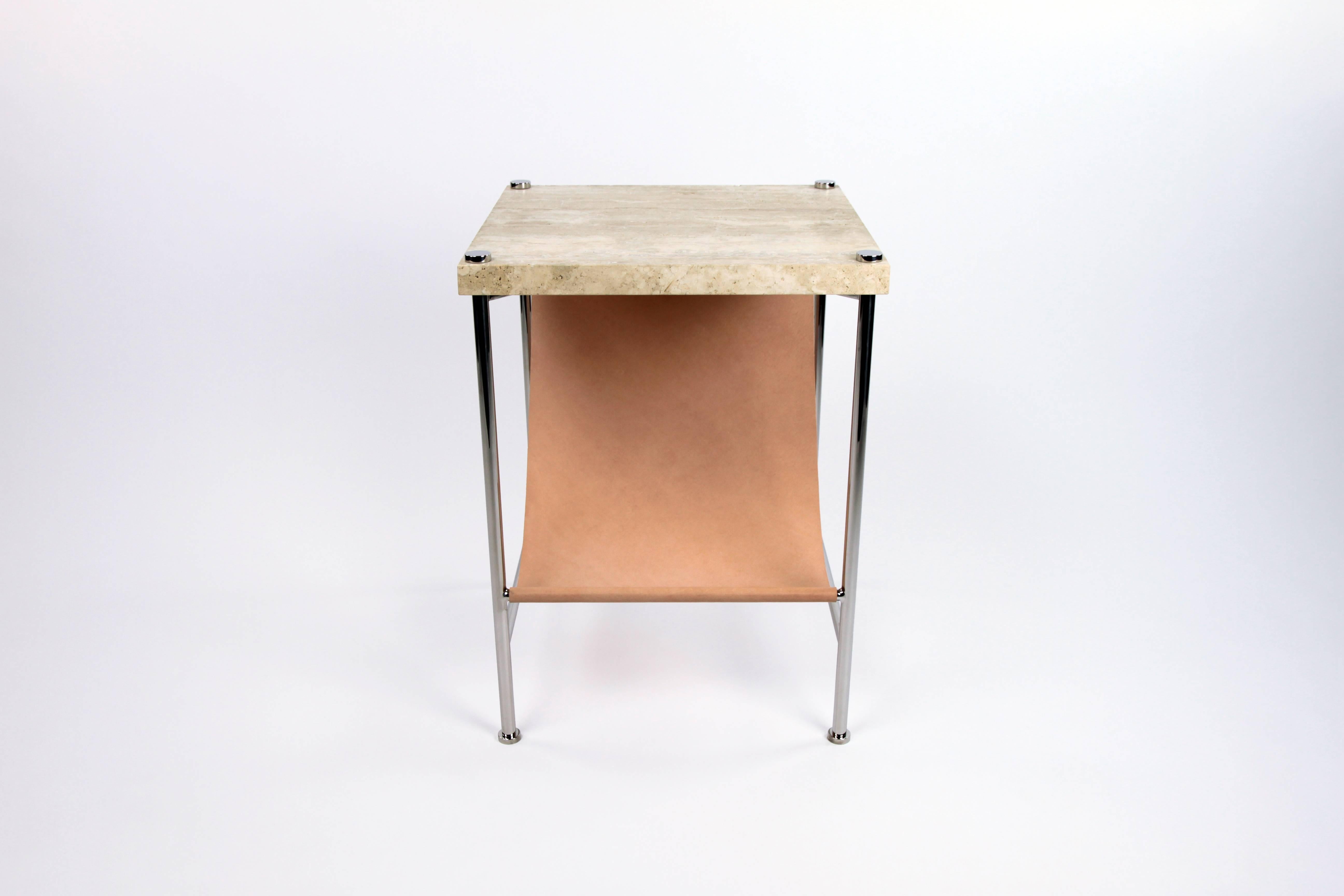 Polished Leather Sling Side Table in Stainless Steel, Travertine and Natural Leather  For Sale