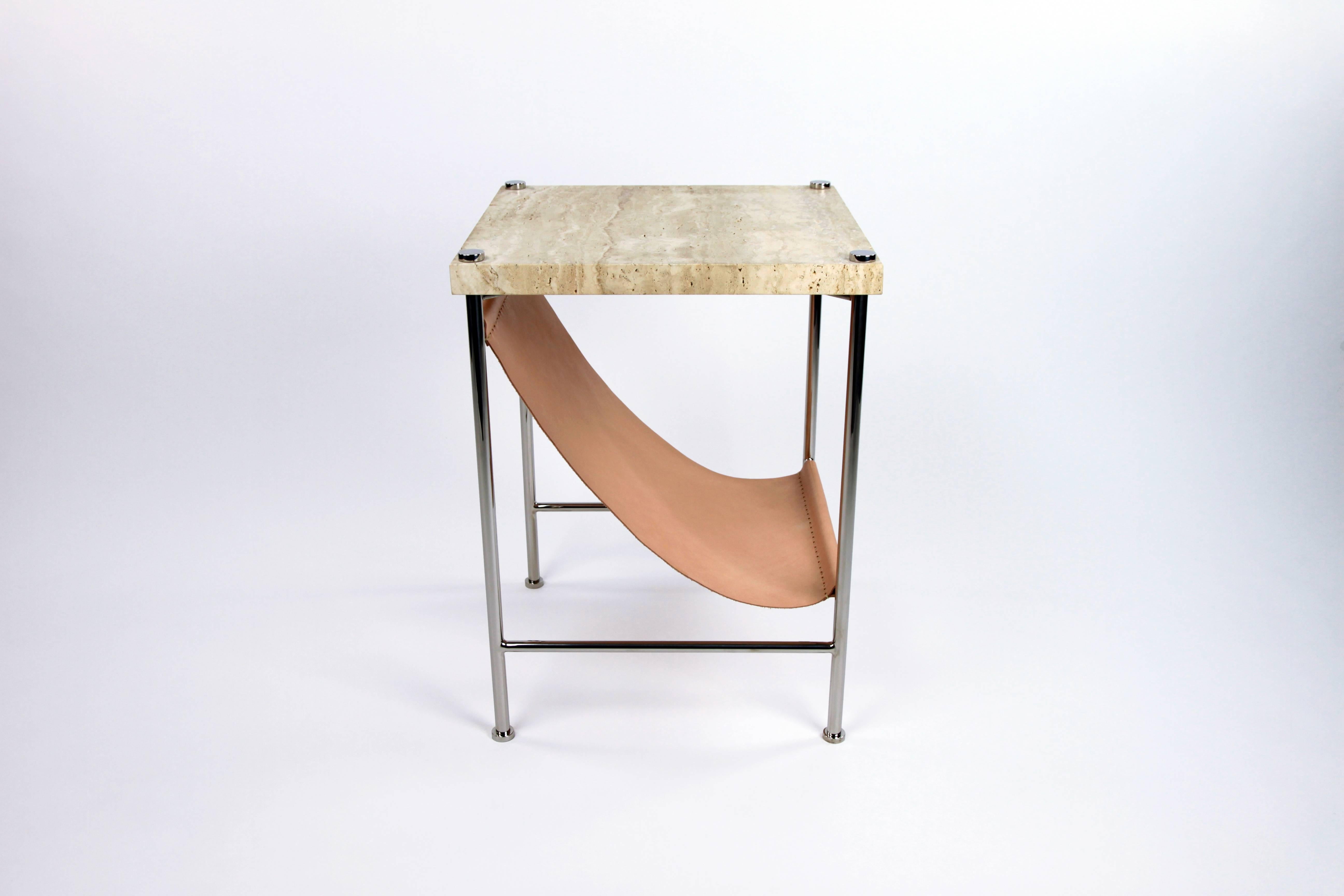 American Leather Sling Side Table in Stainless Steel, Travertine and Natural Leather  For Sale