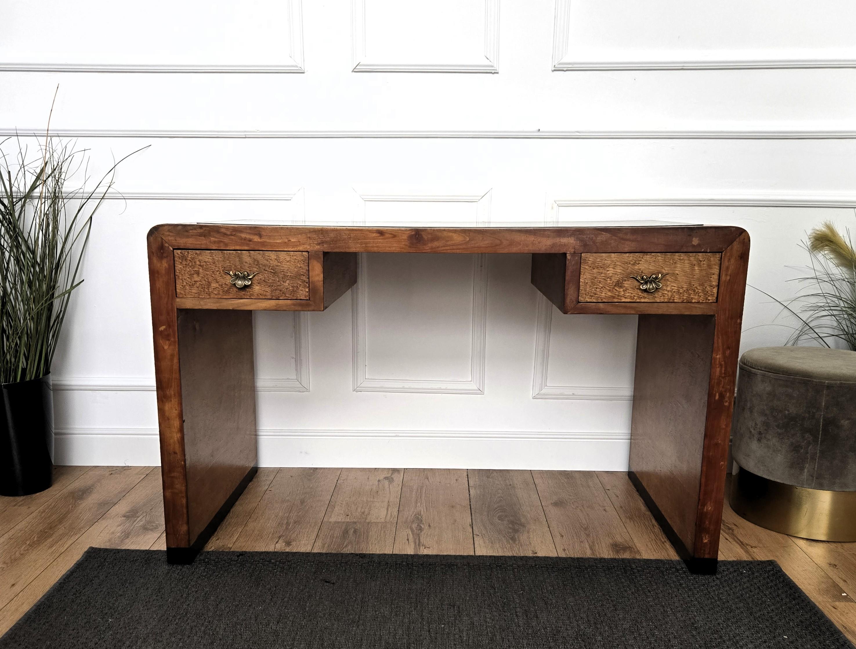 1940s Art Deco Midcentury Italian Walnut Burl Waterfall Writing Desk Table For Sale 3
