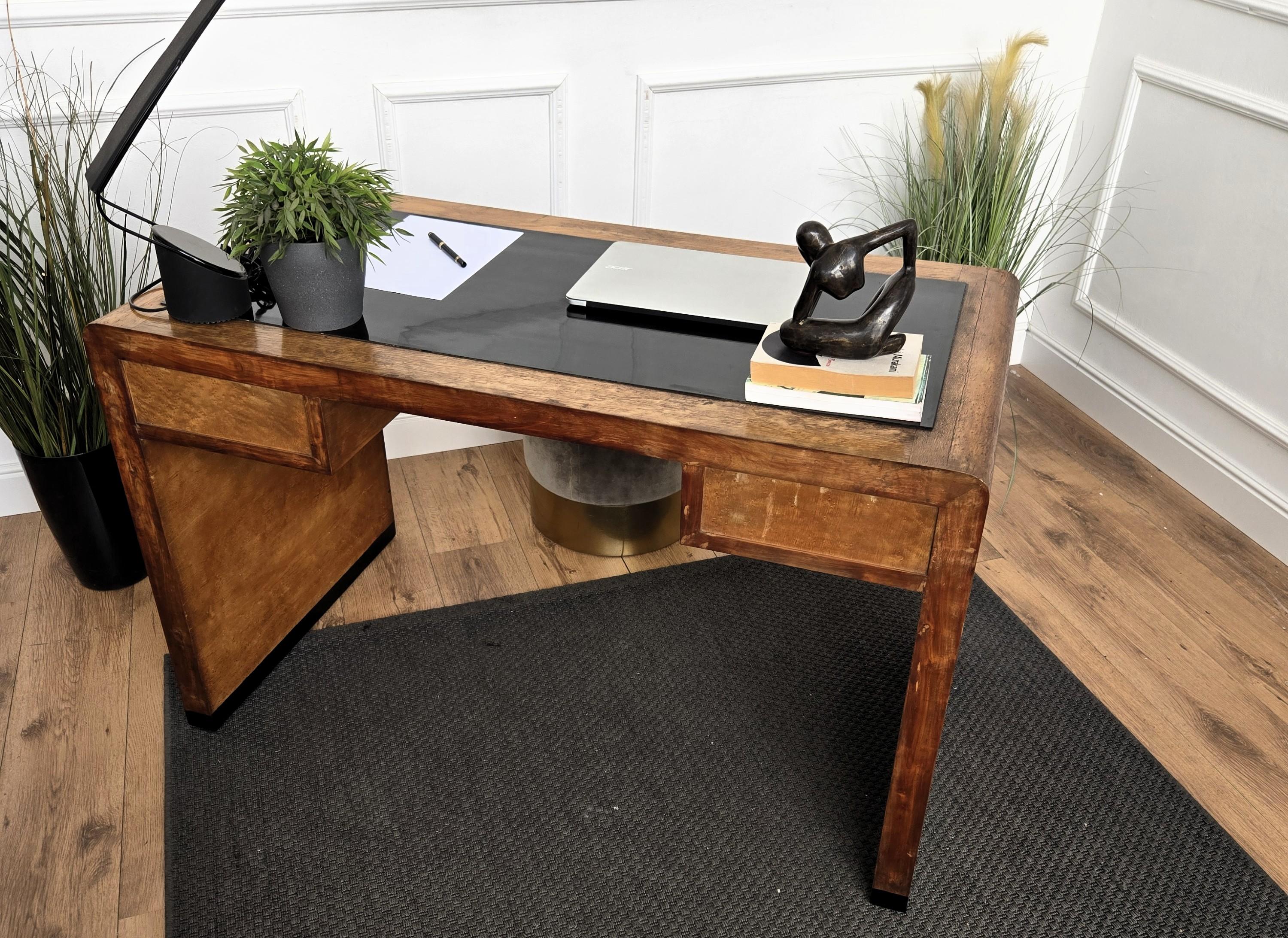 1940s Art Deco Midcentury Italian Walnut Burl Waterfall Writing Desk Table For Sale 2