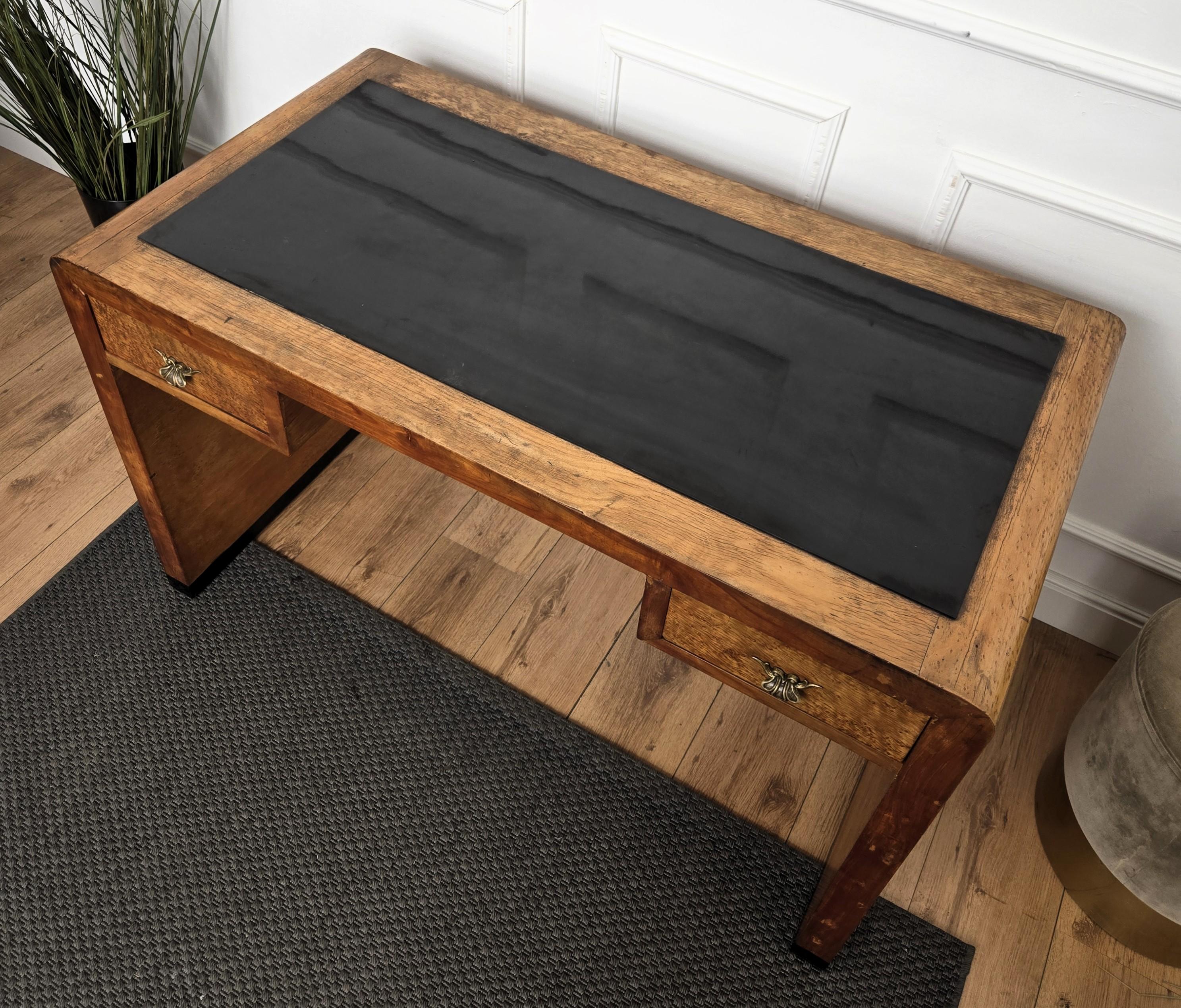 1940s Art Deco Midcentury Italian Walnut Burl Waterfall Writing Desk Table For Sale 4