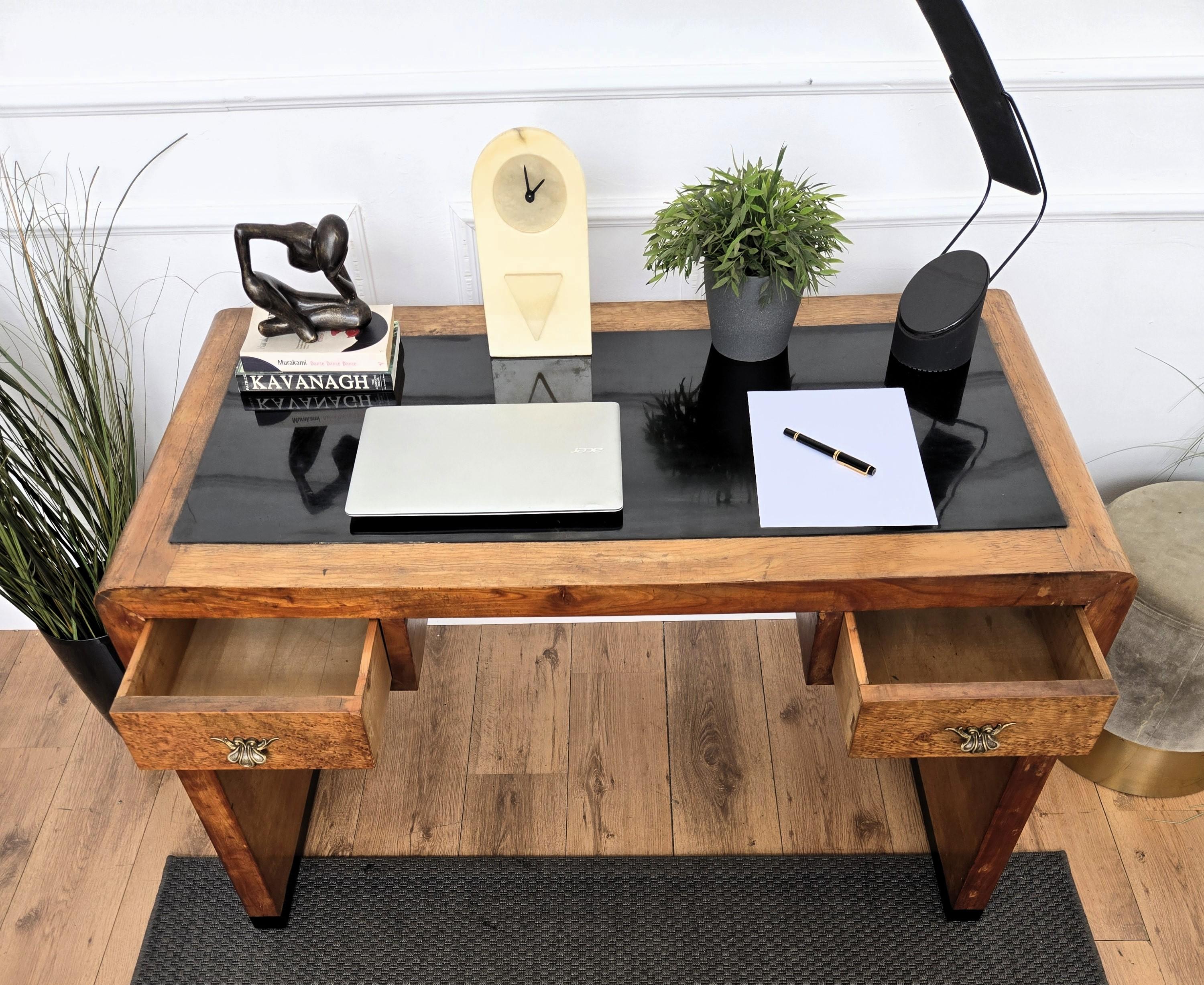1940s Art Deco Midcentury Italian Walnut Burl Waterfall Writing Desk Table For Sale 1
