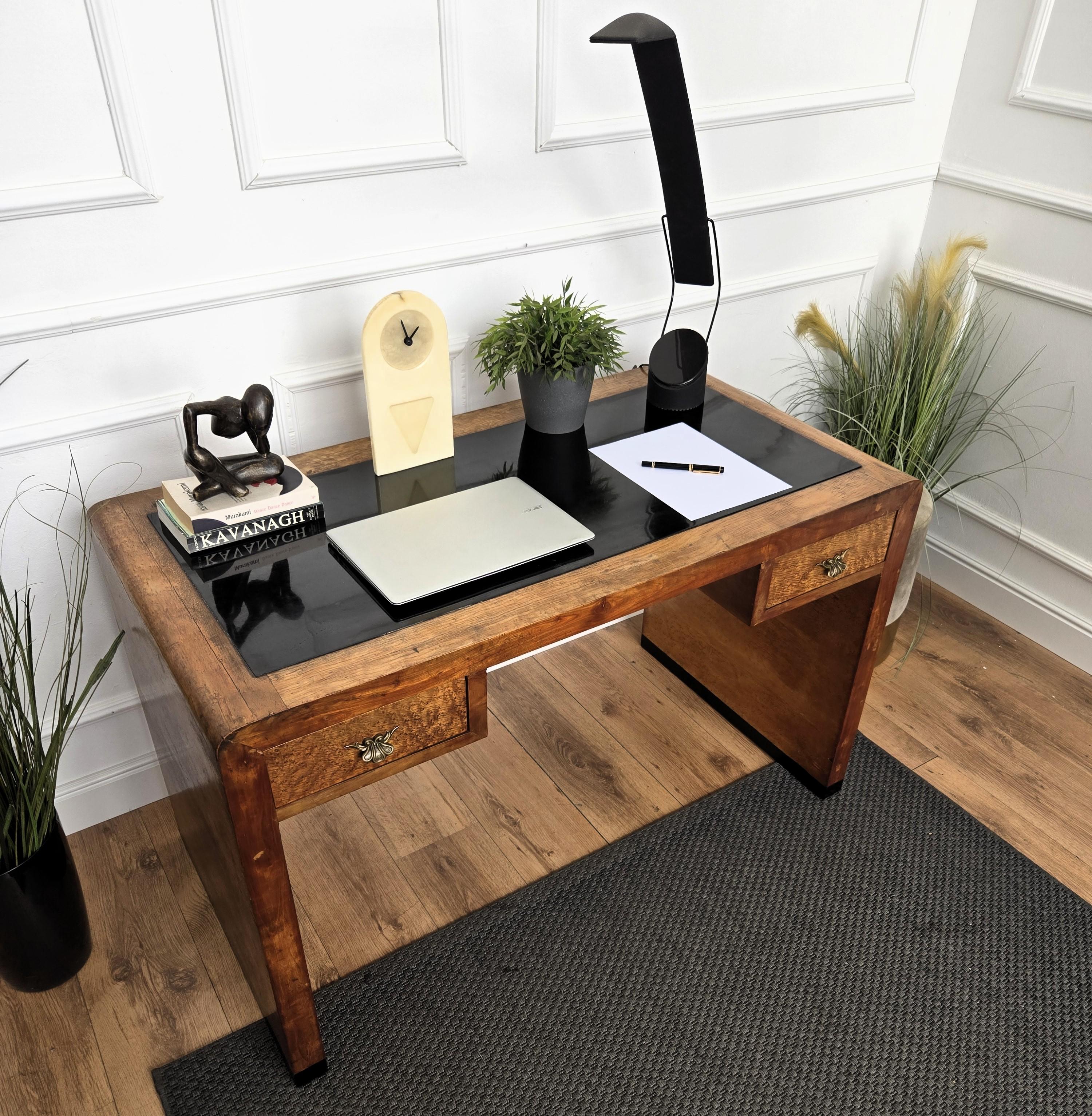 20th Century 1940s Art Deco Midcentury Italian Walnut Burl Waterfall Writing Desk Table For Sale