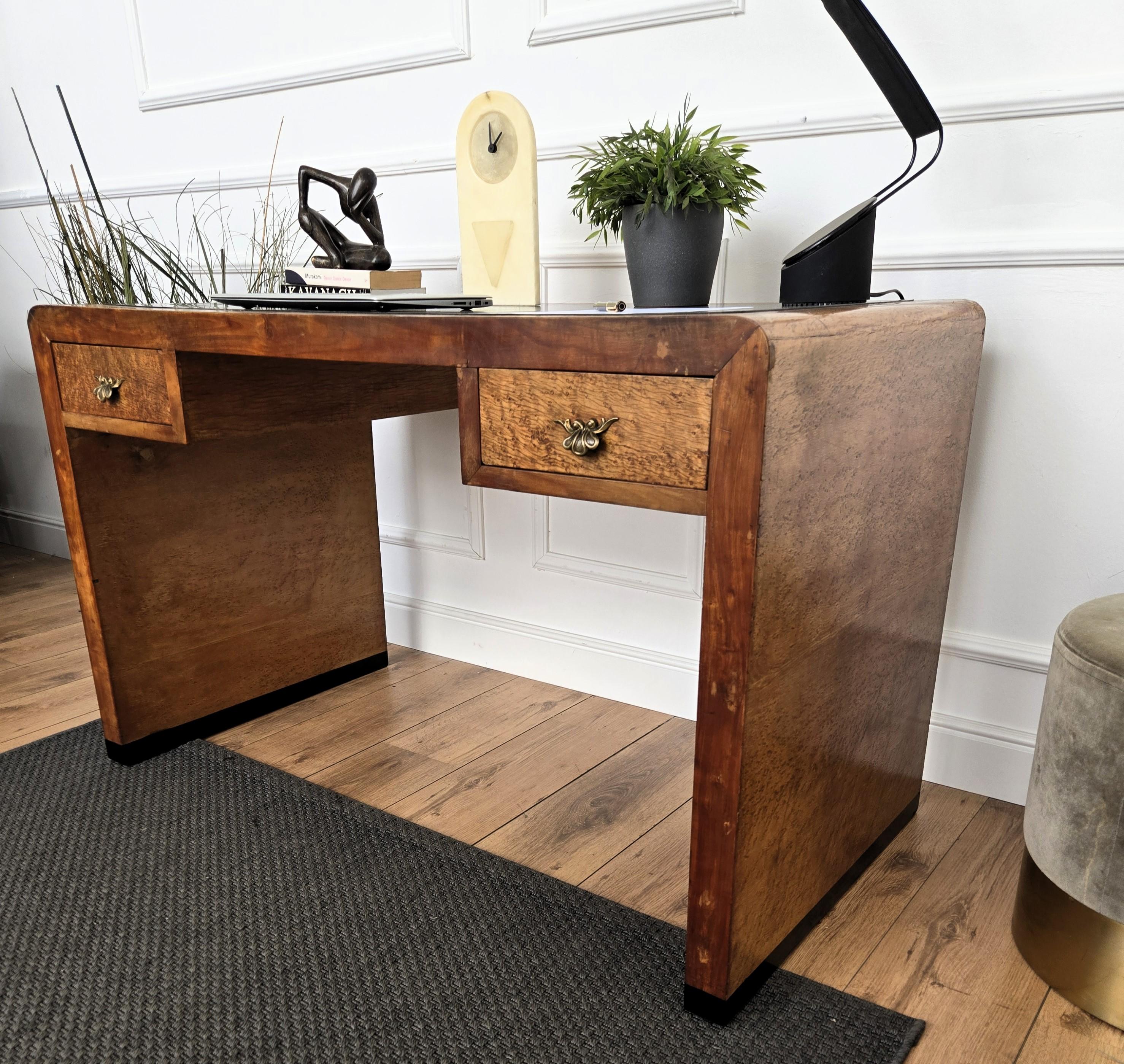 Glass 1940s Art Deco Midcentury Italian Walnut Burl Waterfall Writing Desk Table For Sale