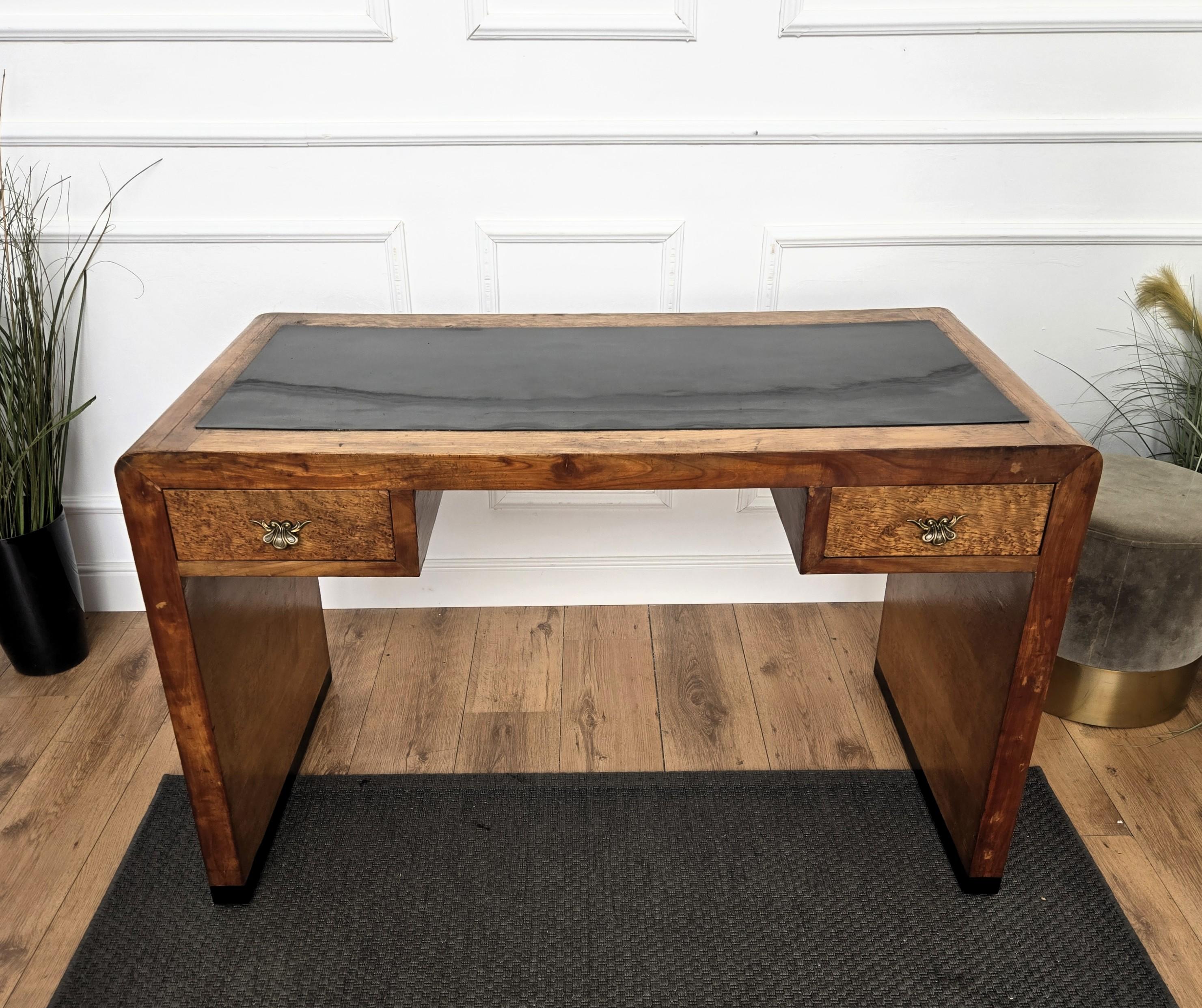 1940s Art Deco Midcentury Italian Walnut Burl Waterfall Writing Desk Table For Sale 5