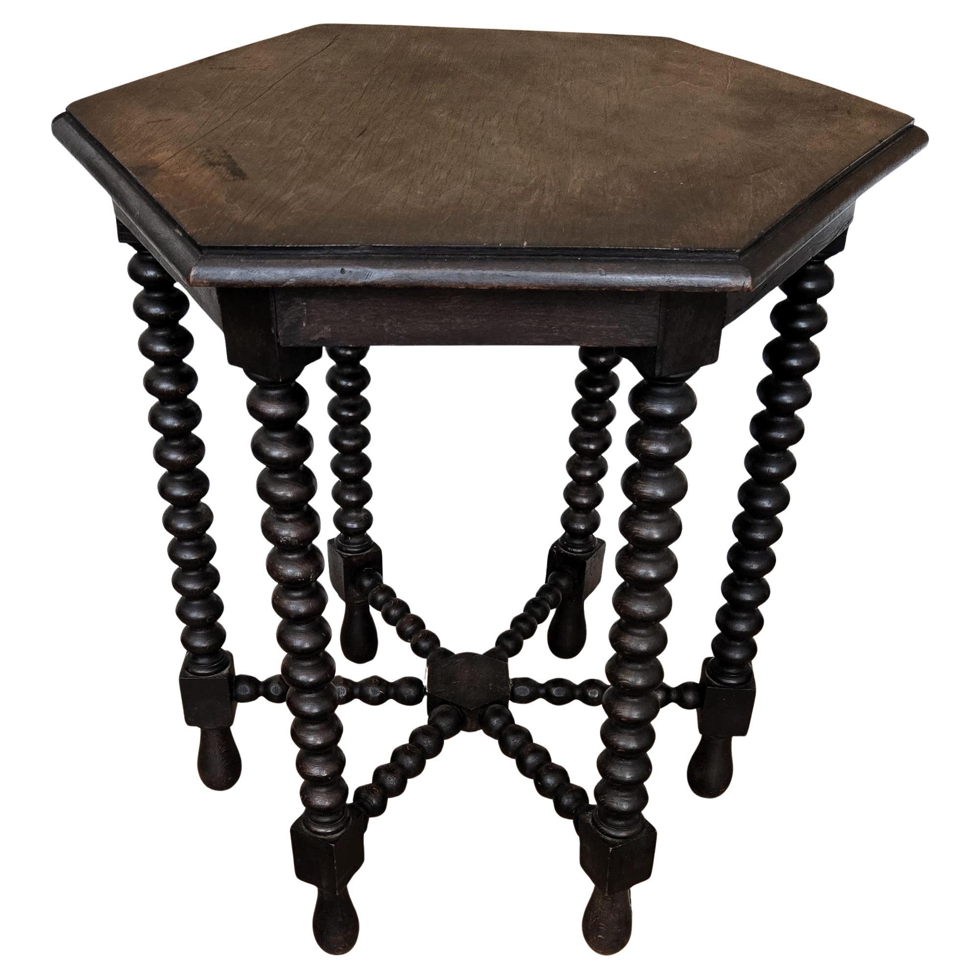 Antique Italian Hexagonal Black Walnut Side Table Stool with Bobbin Turned Legs For Sale