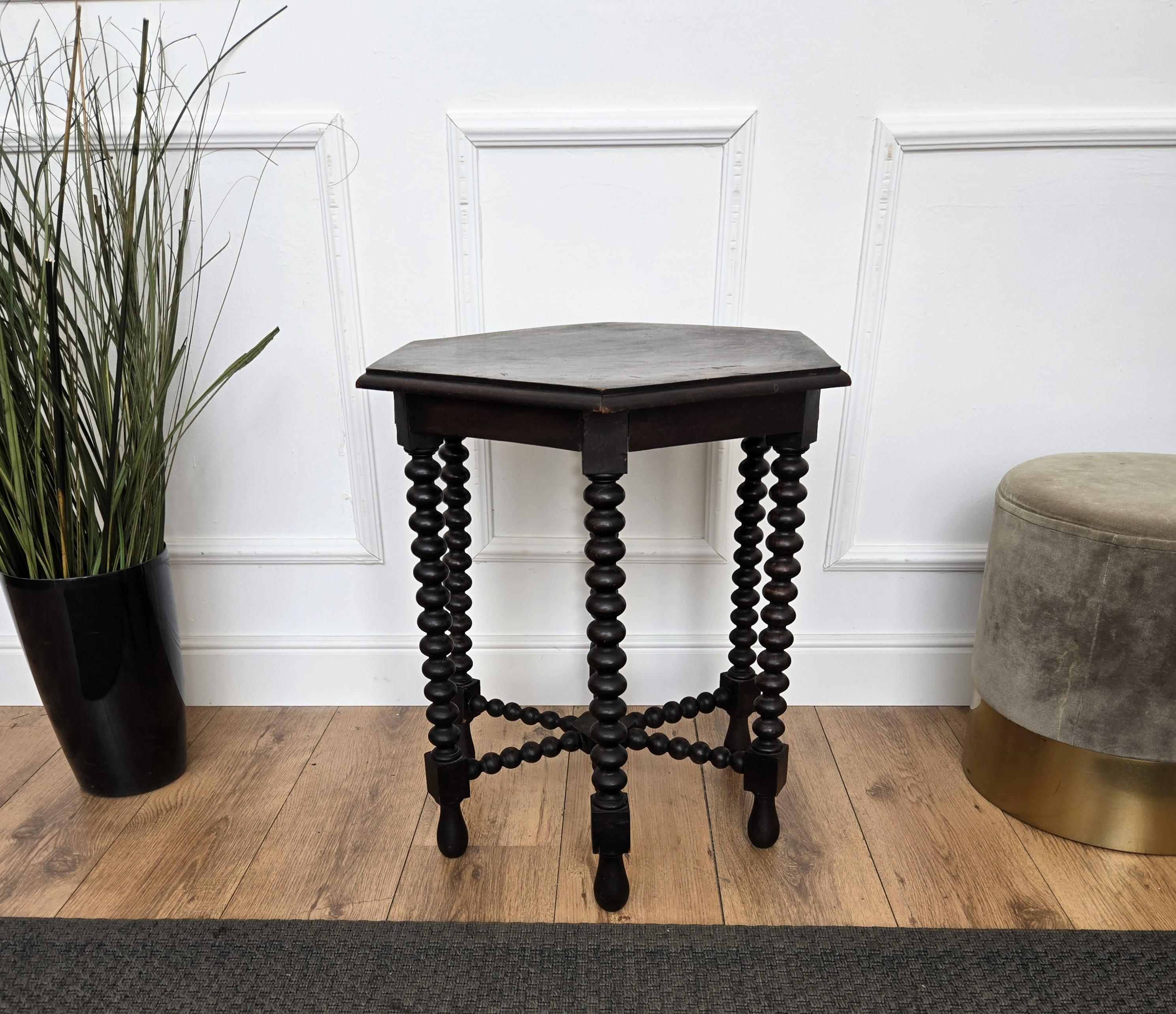 Antique Italian Hexagonal Black Walnut Side Table Stool with Bobbin Turned Legs For Sale 2