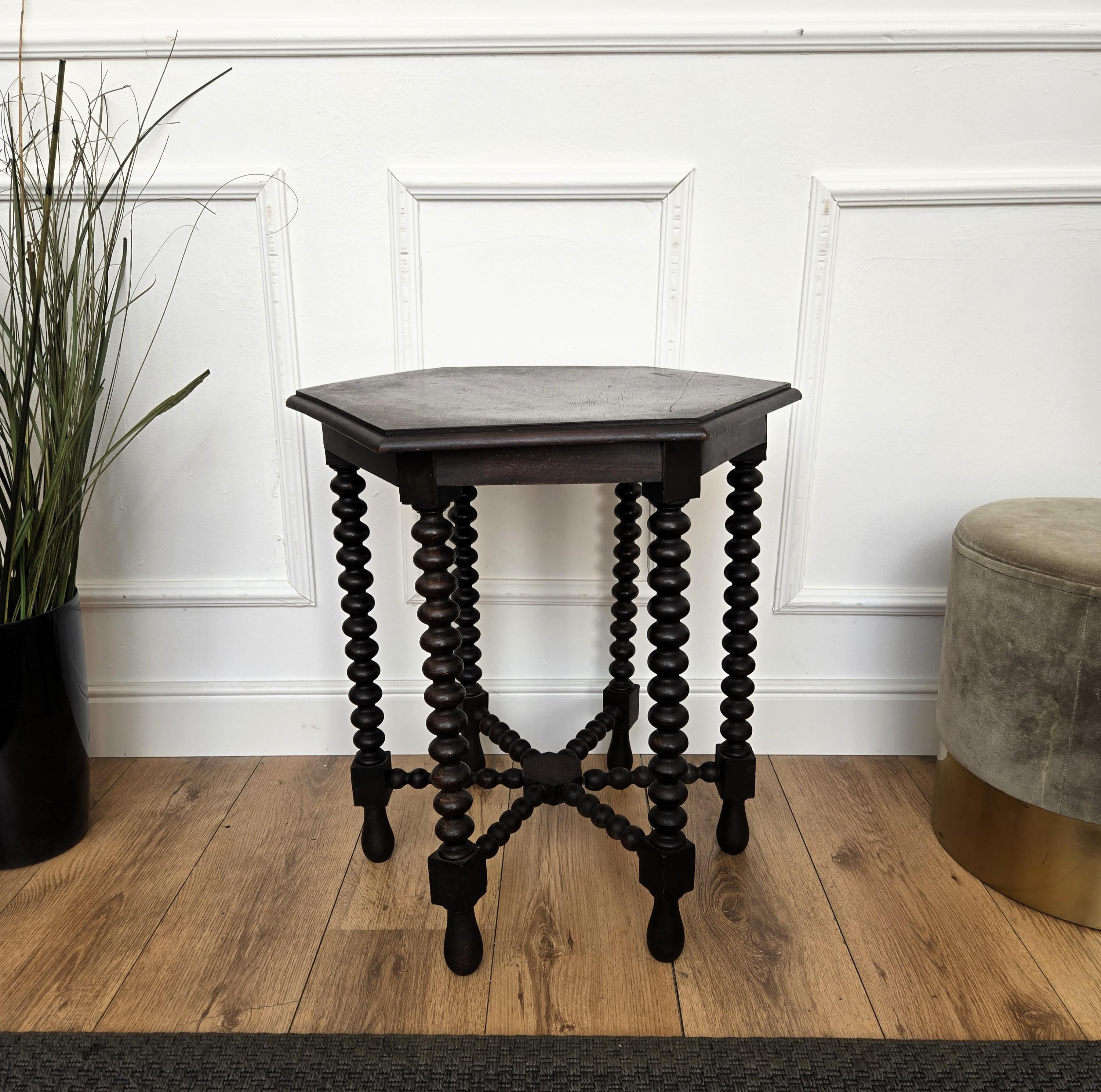 Wood Antique Italian Hexagonal Black Walnut Side Table Stool with Bobbin Turned Legs For Sale