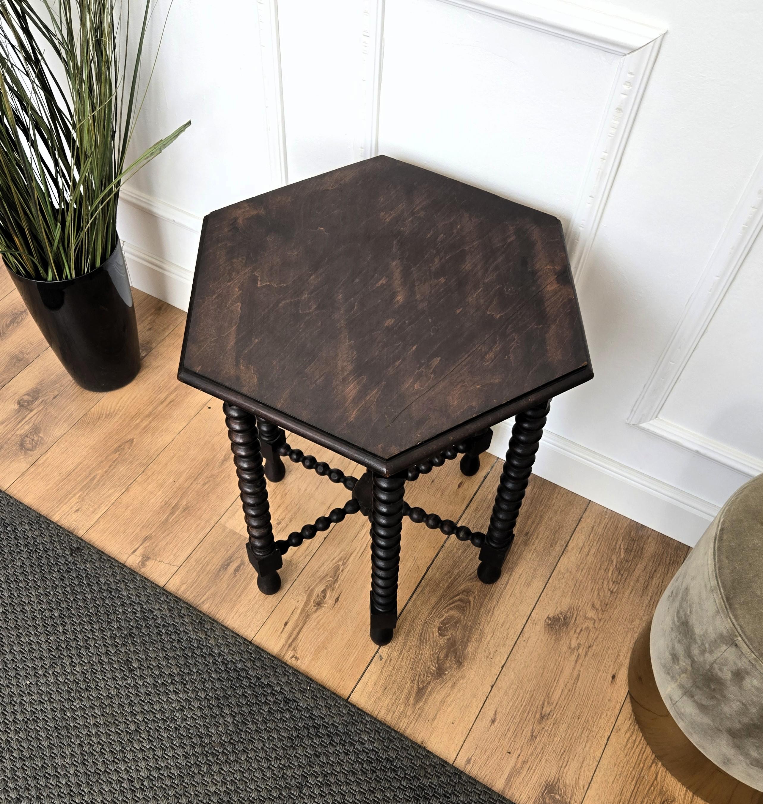 Antique Italian Hexagonal Black Walnut Side Table Stool with Bobbin Turned Legs For Sale 1