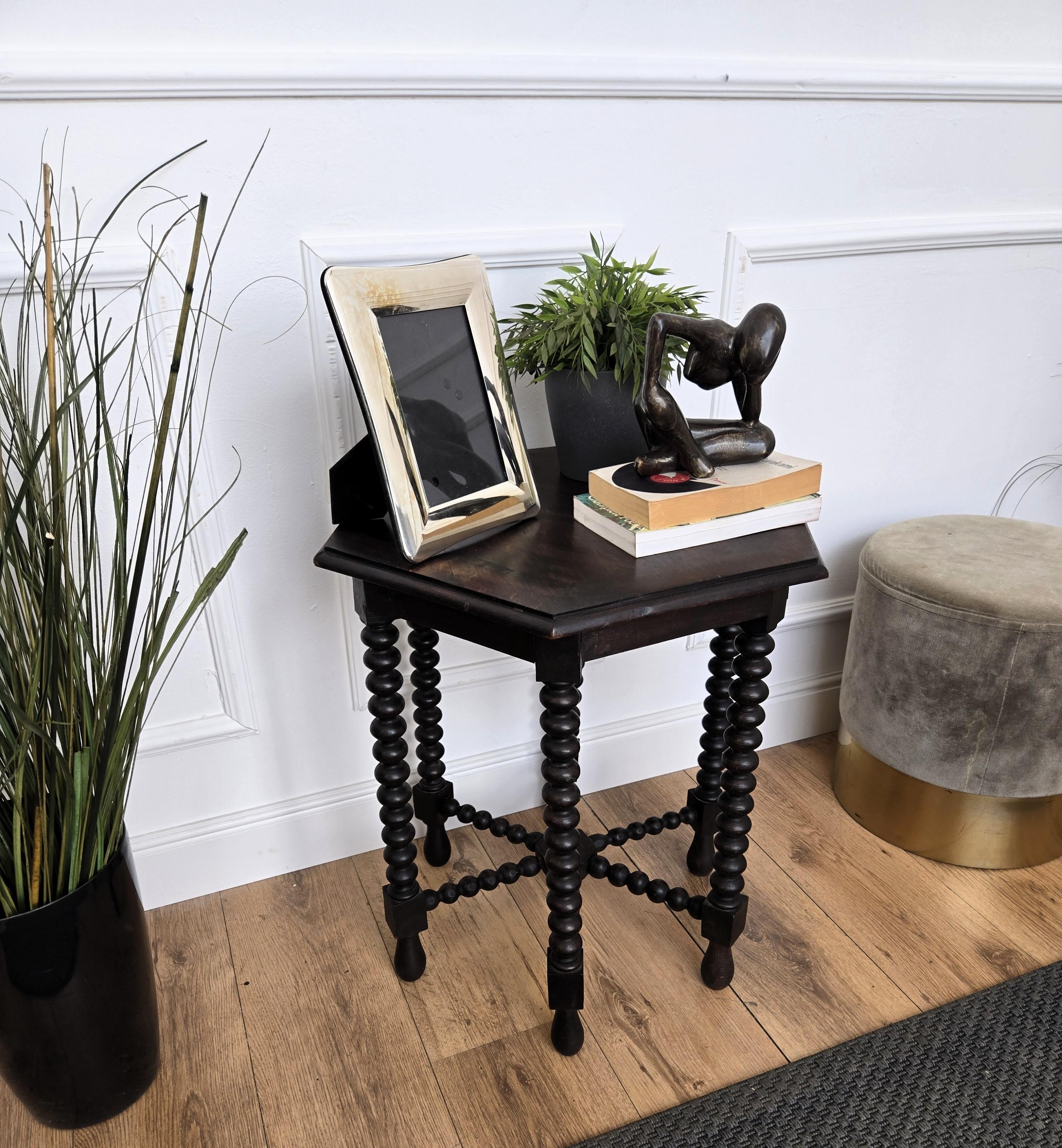 20th Century Antique Italian Hexagonal Black Walnut Side Table Stool with Bobbin Turned Legs For Sale
