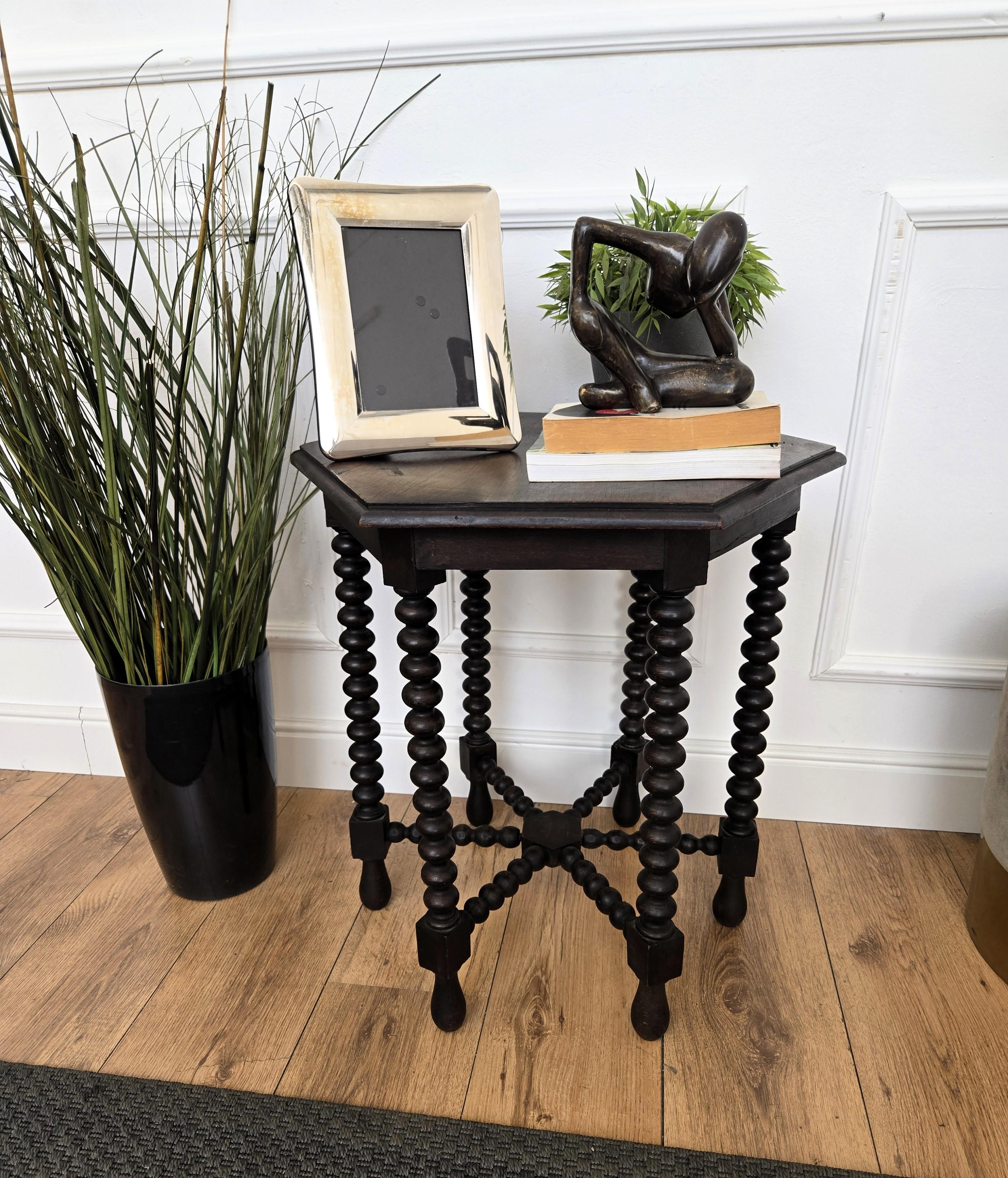 Renaissance Antique Italian Hexagonal Black Walnut Side Table Stool with Bobbin Turned Legs For Sale