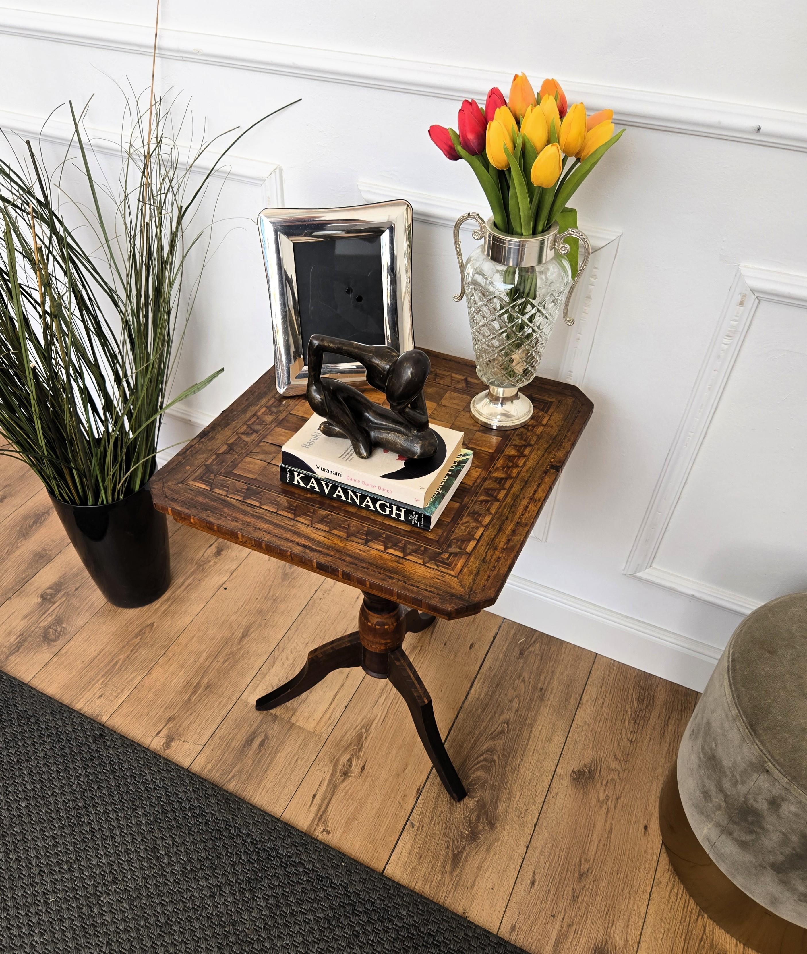 Mid-Century Modern Neoclassical Italian Walnut Inlay Tripod Chess Games or Side Table For Sale