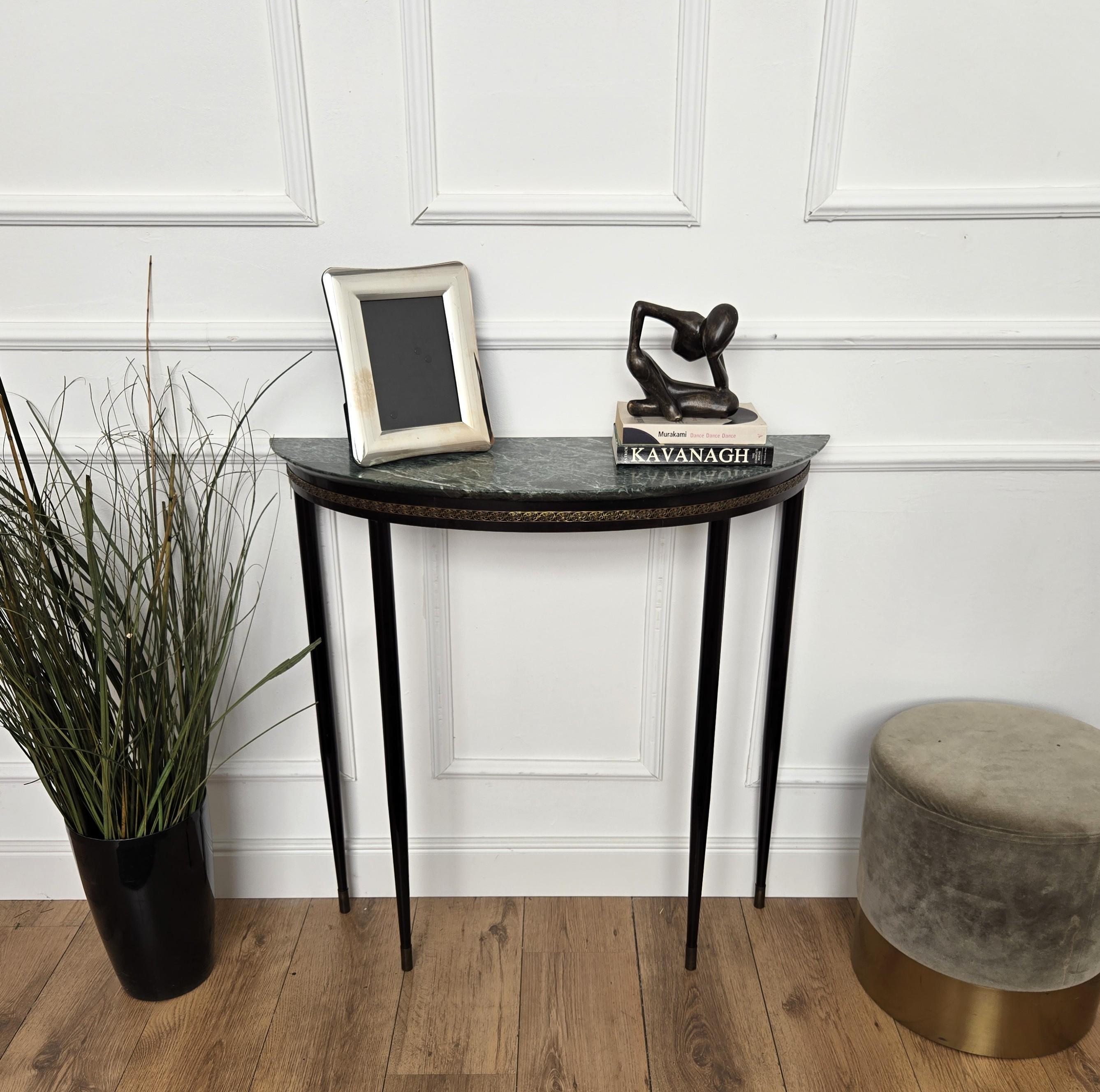 1950s Mid-Century Italian Demi Lune Console Table with Green Marble Top In Good Condition For Sale In Carimate, Como