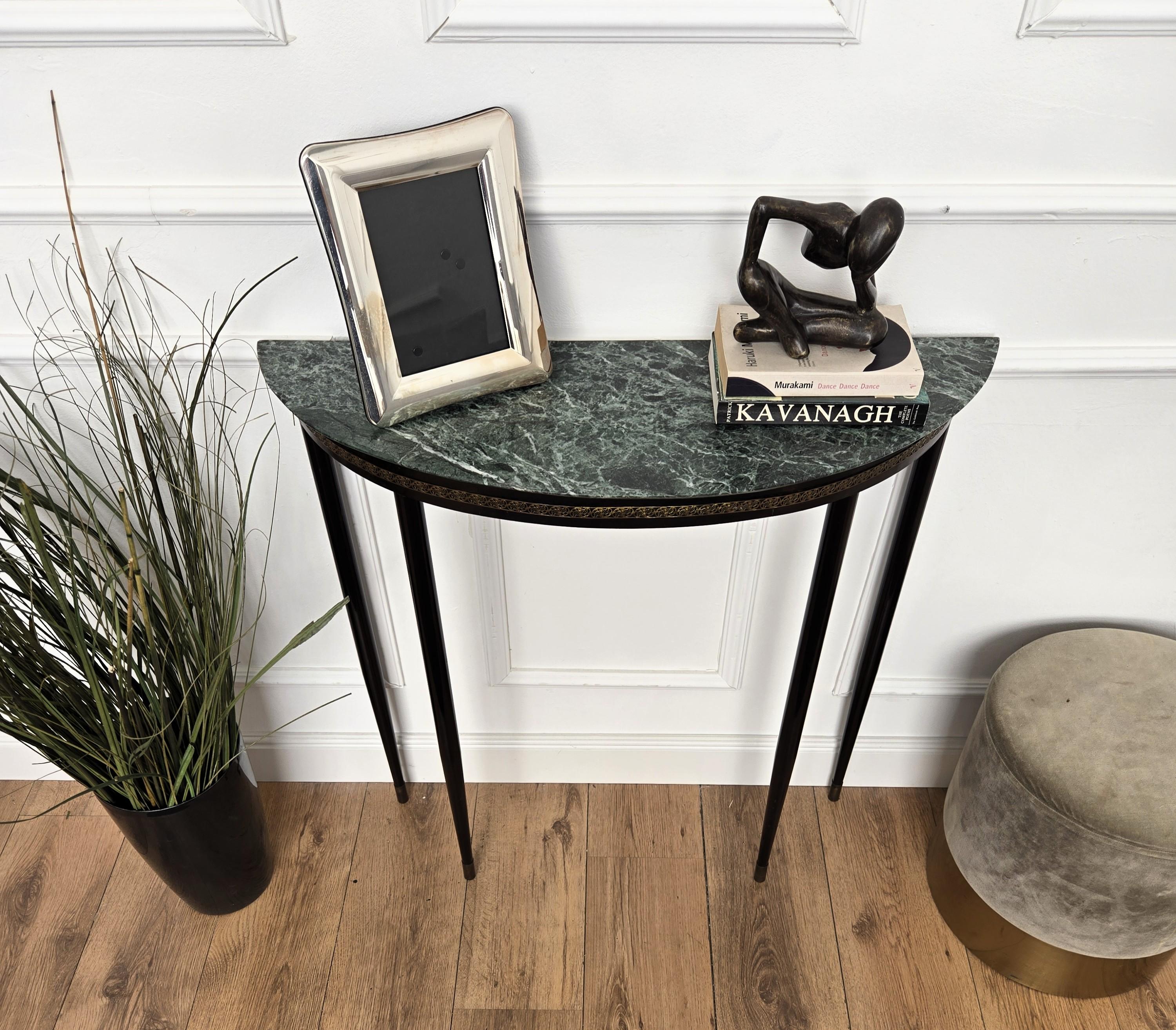 Mid-Century Modern 1950s Mid-Century Italian Demi Lune Console Table with Green Marble Top For Sale
