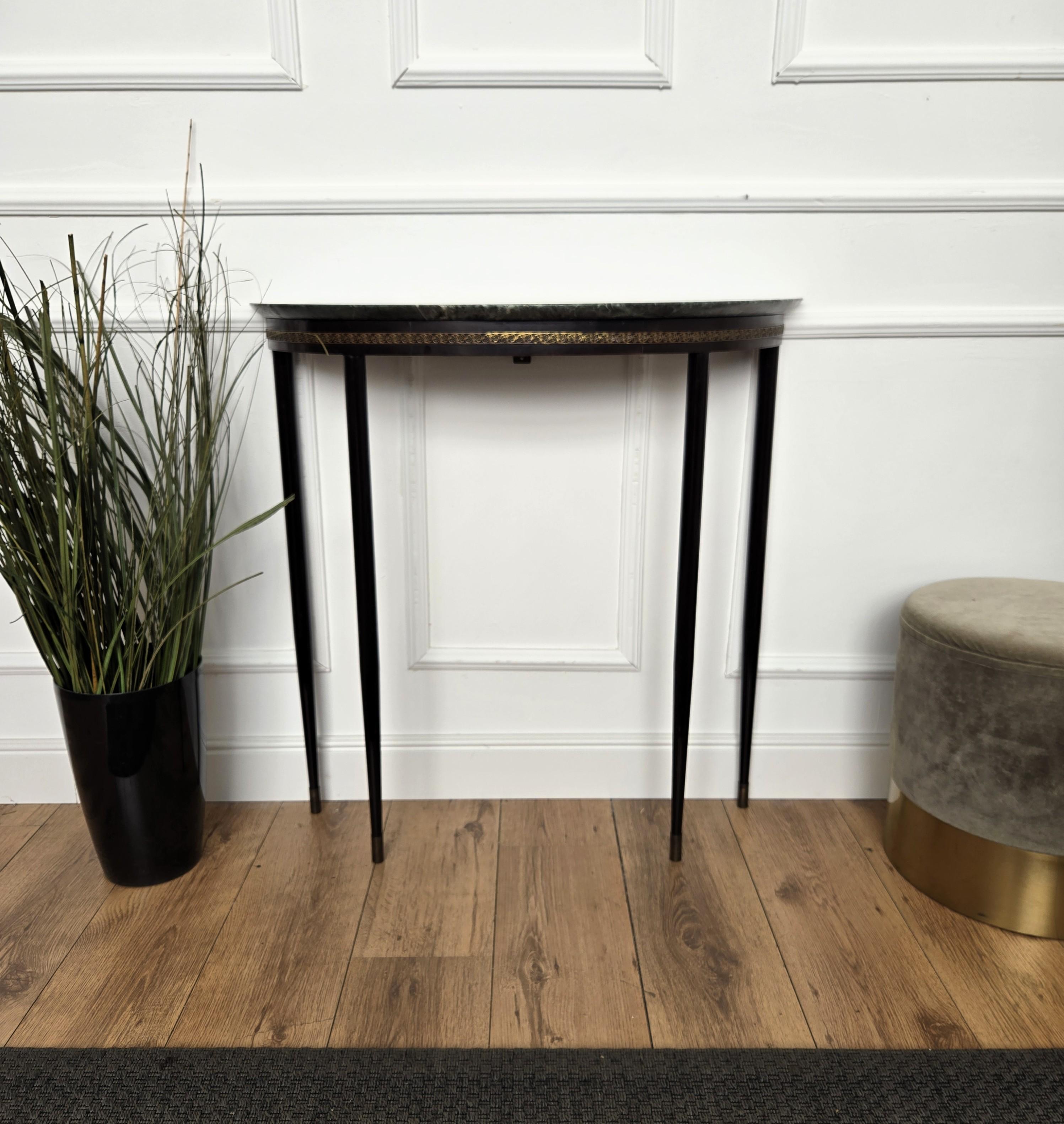 1950s Mid-Century Italian Demi Lune Console Table with Green Marble Top For Sale 1