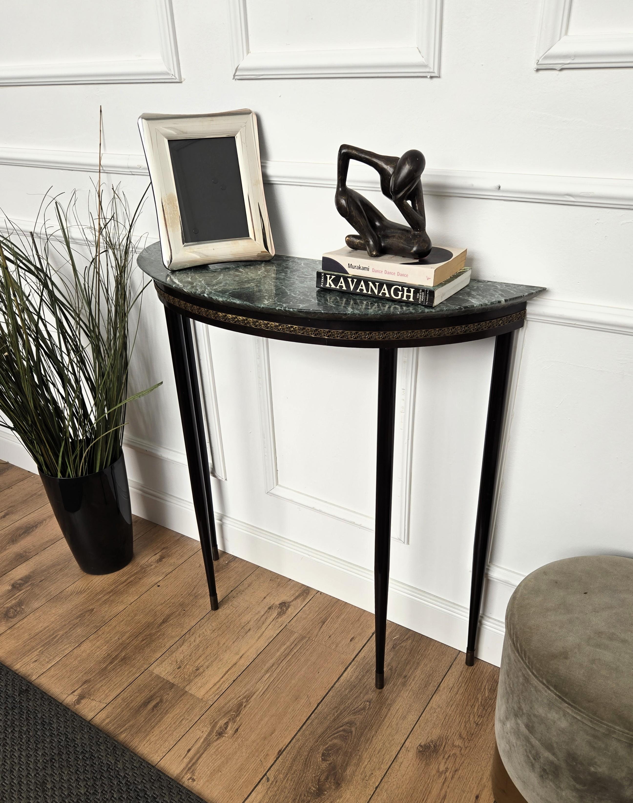 Brass 1950s Mid-Century Italian Demi Lune Console Table with Green Marble Top For Sale