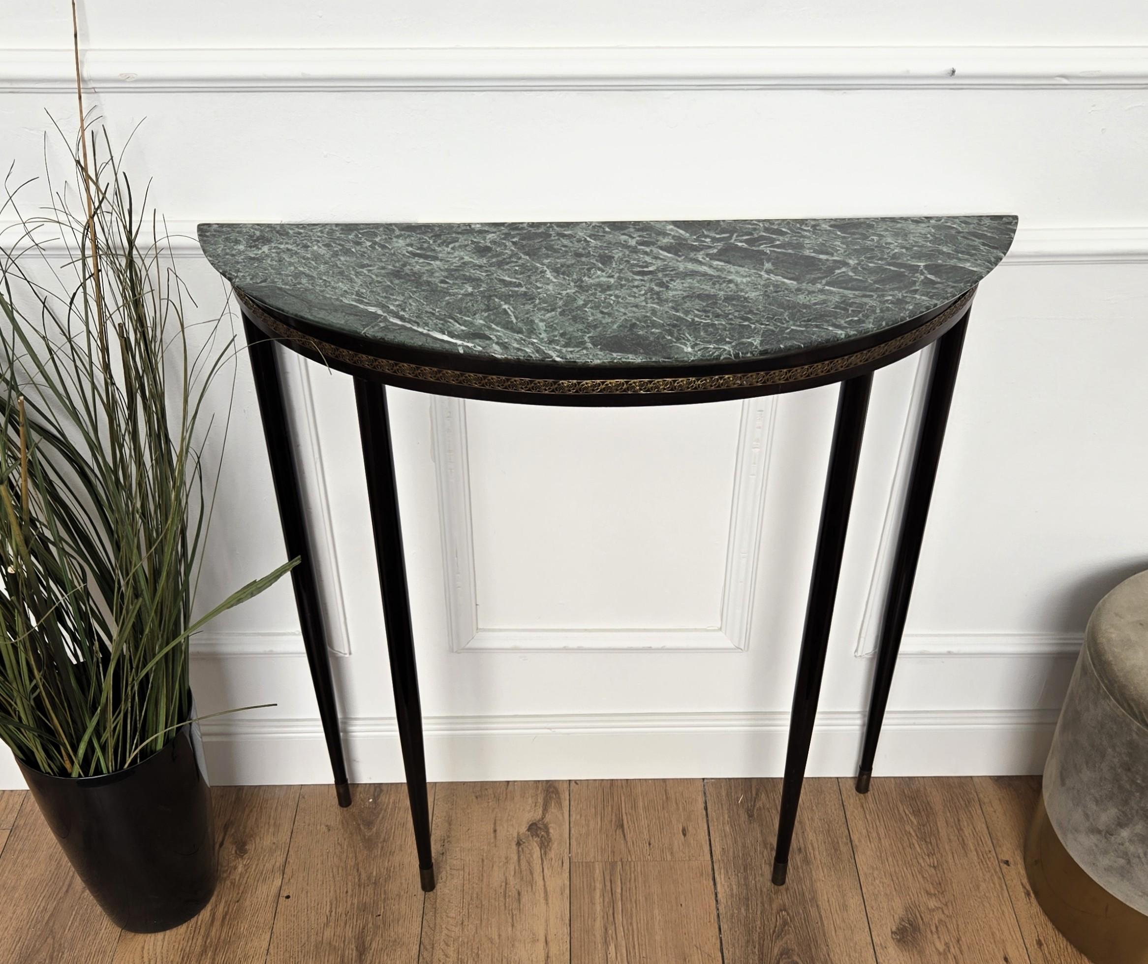 1950s Mid-Century Italian Demi Lune Console Table with Green Marble Top For Sale 2