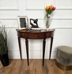 Mid-Century Regency Italian Demi Lune Wood Veneer Burl Wall Console Side Table