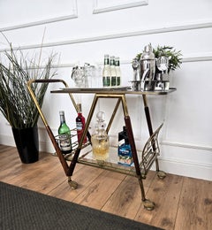 1940s Art Deco Midcentury Italian Wood and Brass Dry Bar Cabinet Liquor Cart