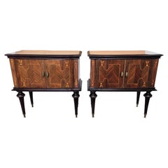 Pair of Mid-Century Italian Art Deco Nightstands Bedside Tables Walnut Glass Top