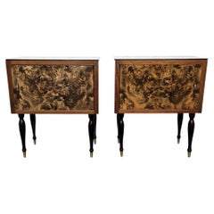 Pair of Mid-Century Italian Art Deco Nightstands Bedside Tables Walnut Glass Top