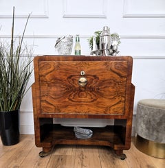 1950s Italian Art Deco Mid-Century Veneer Burl Wood Dry Bar Cart Cabinet