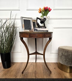 Antique Italian Round Walnut Side Table Brass Frame and Tripod Legs