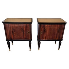Pair of Mid-Century Italian Art Deco Nightstands Bedside Tables Walnut Glass Top