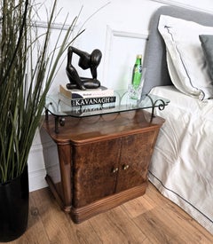 Pair of Mid-Century Italian Art Deco Nightstands Bedside Tables Walnut Glass Top