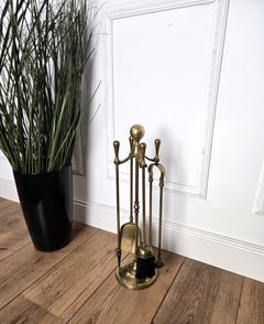 Italian Four-Piece Brass Vintage Fireplace Fire Tool Set with Stand