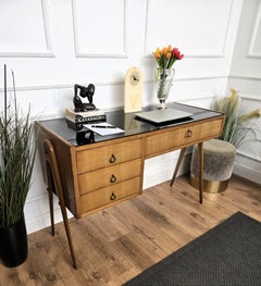 1940s Art Deco Midcentury Italian Walnut Burl Glass Writing Desk Table