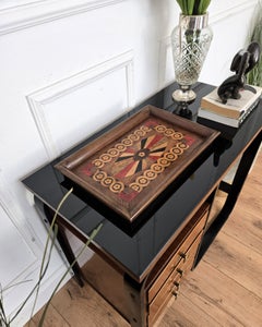 Bandeja decorativa italiana antigua rectangular con incrustaciones de madera, década de 1920